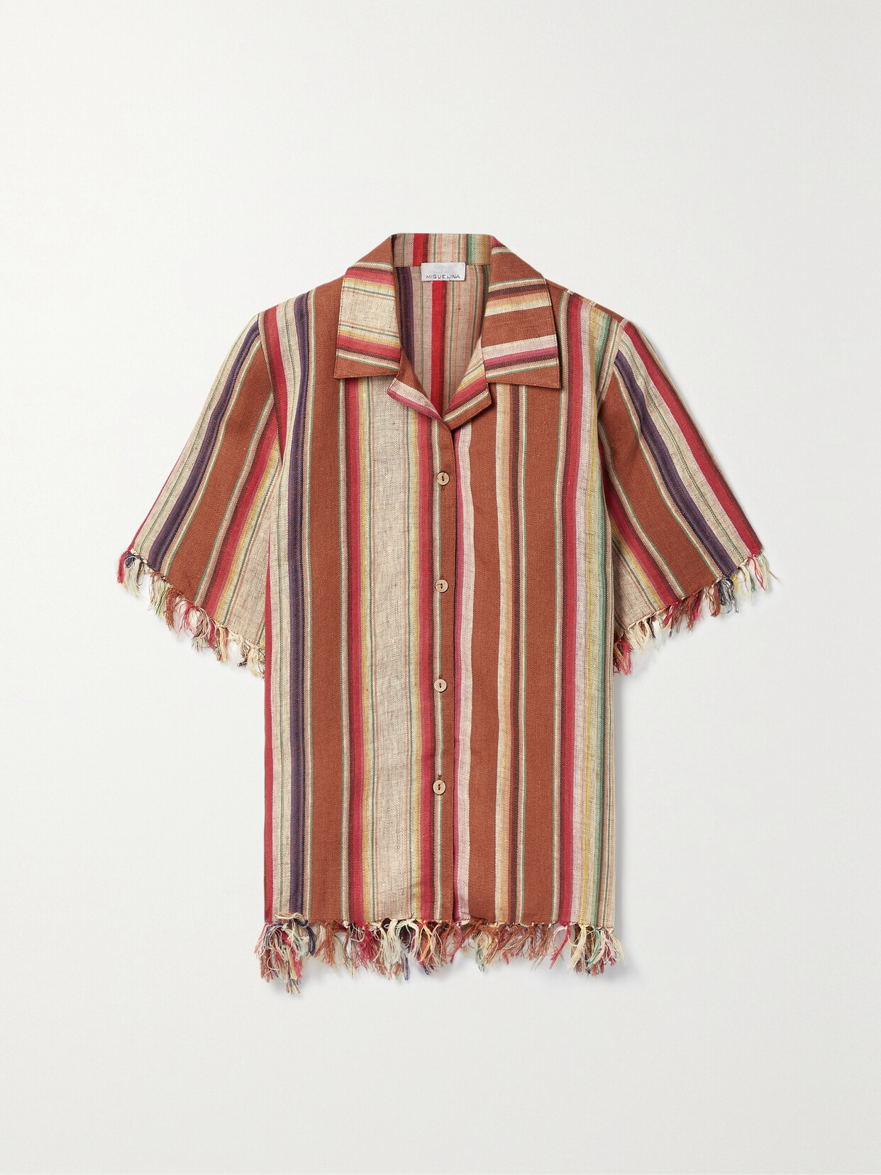 Miguelina + Net Sustain Briar Fringed Striped Linen Shirt In Light Brown