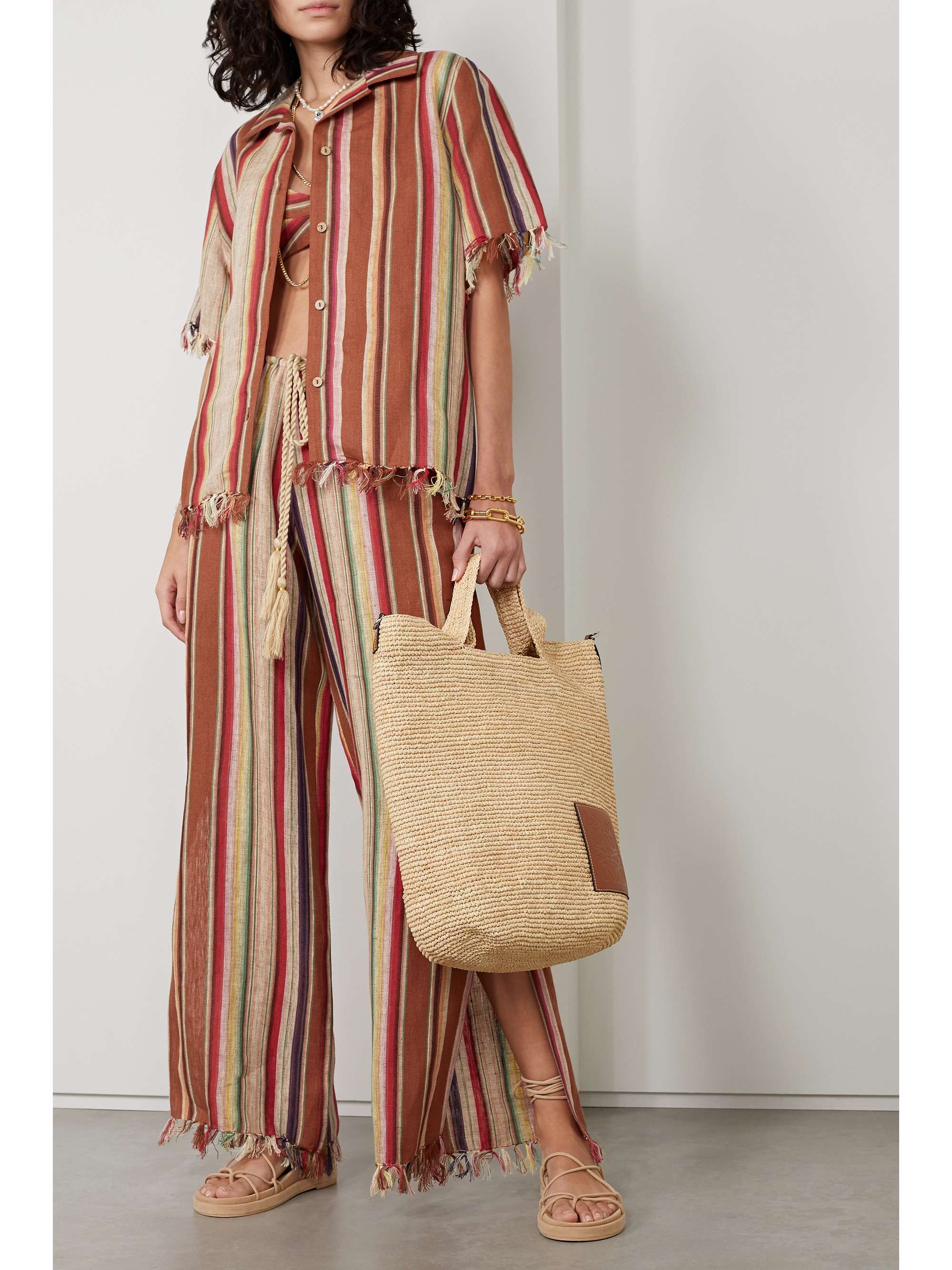 MIGUELINA + NET SUSTAIN Briar fringed striped linen shirt
