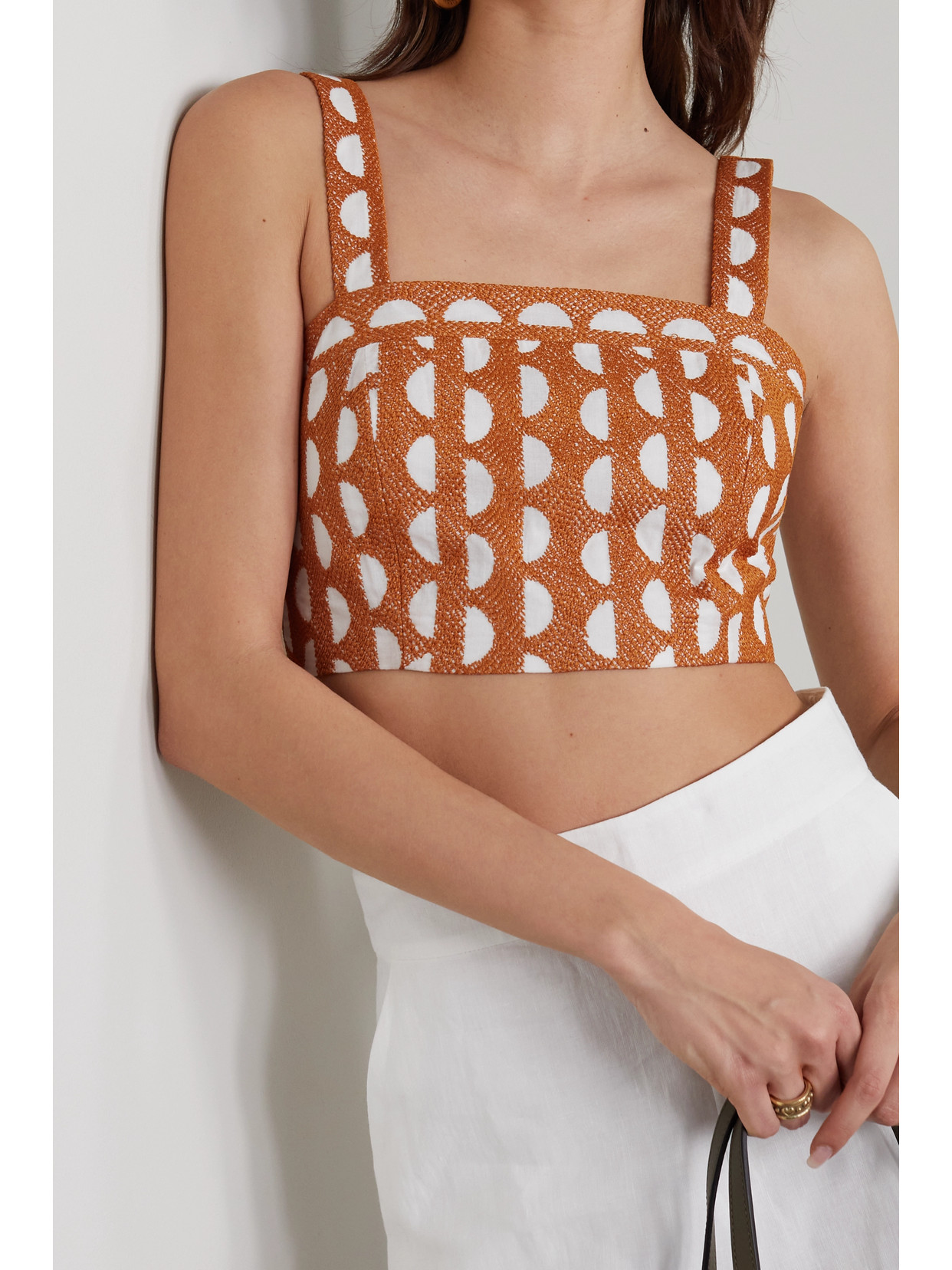 Three Graces London Nineve Cropped Embroidered Cotton Top In Metallic