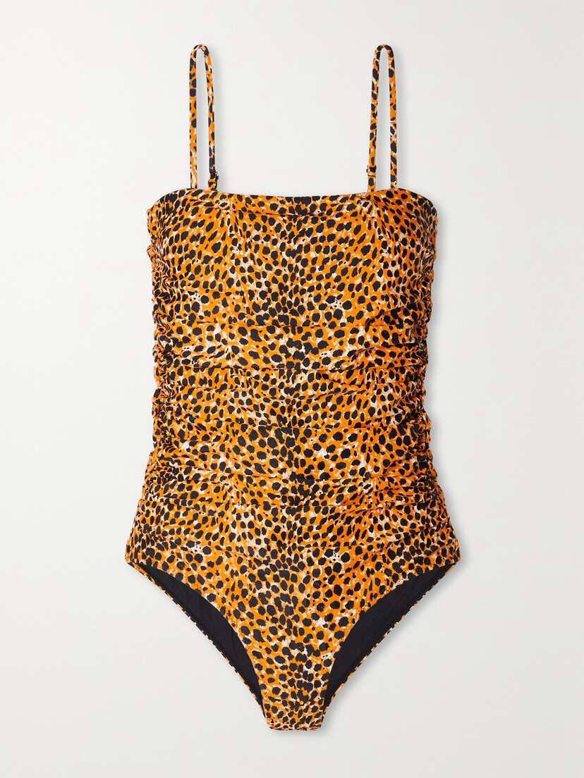 GANNI Ruched Cheetah-print Recycled Swimsuit