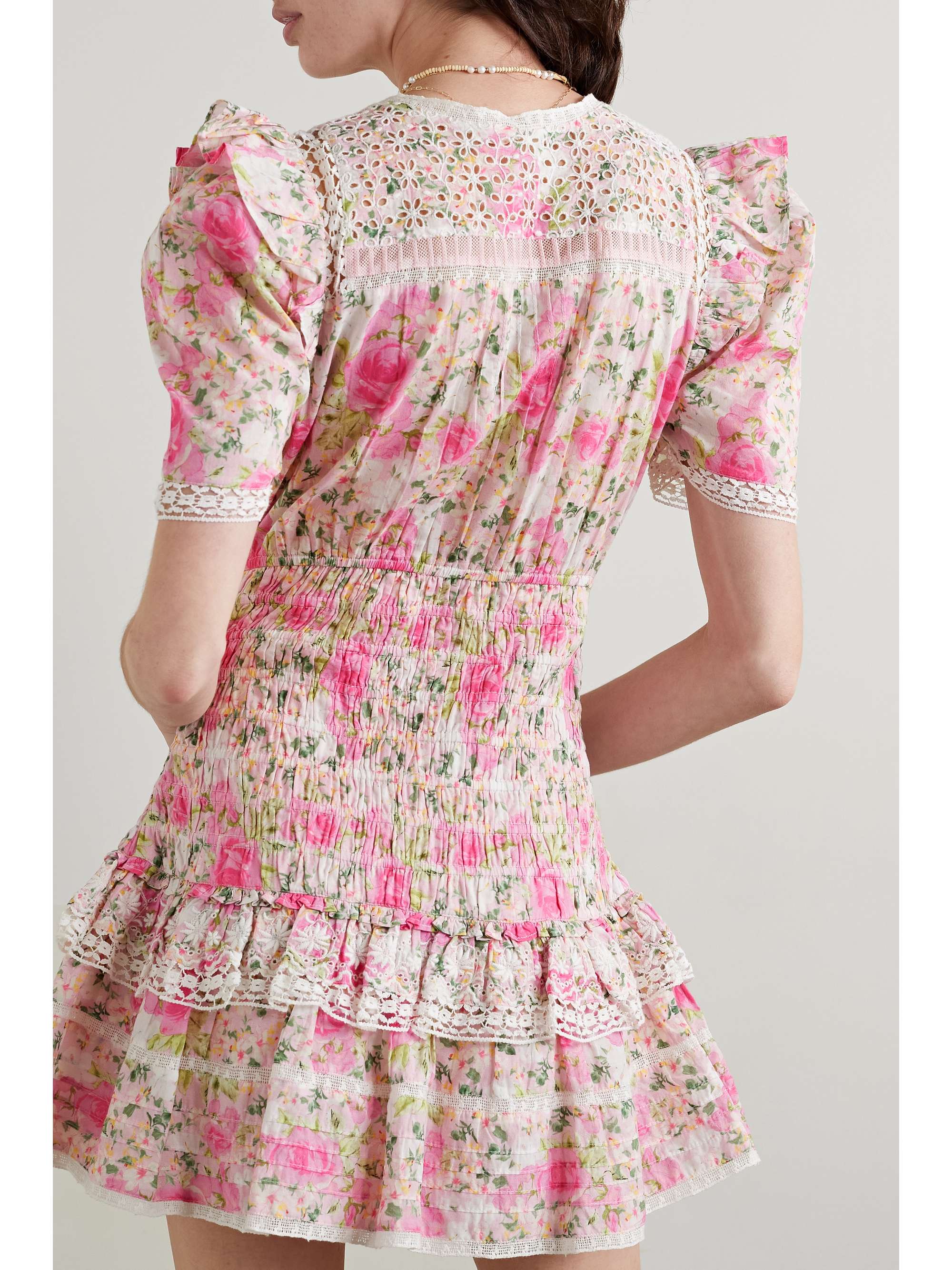 LOVESHACKFANCY Rena crochet-trimmed shirred floral-print cotton-voile mini dress