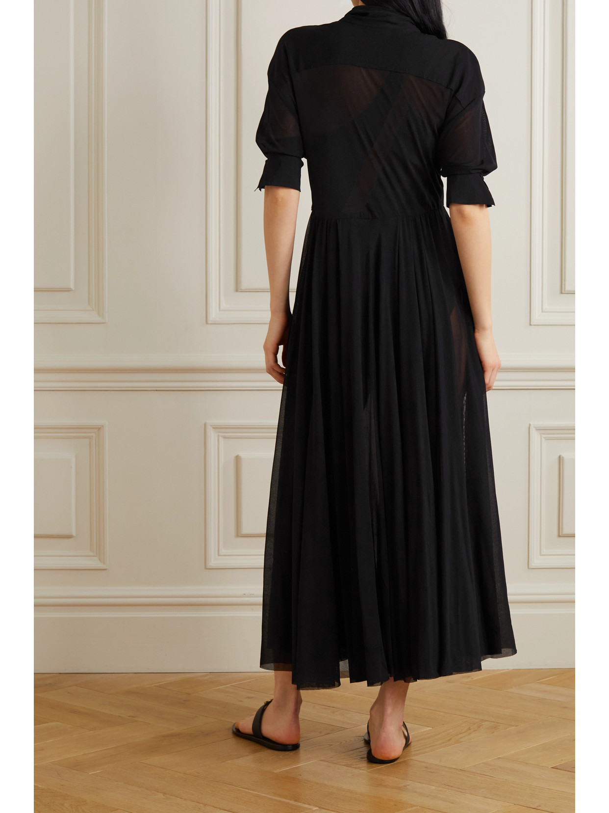 Norma Kamali Pleated Gauze Shirt Dress In Black