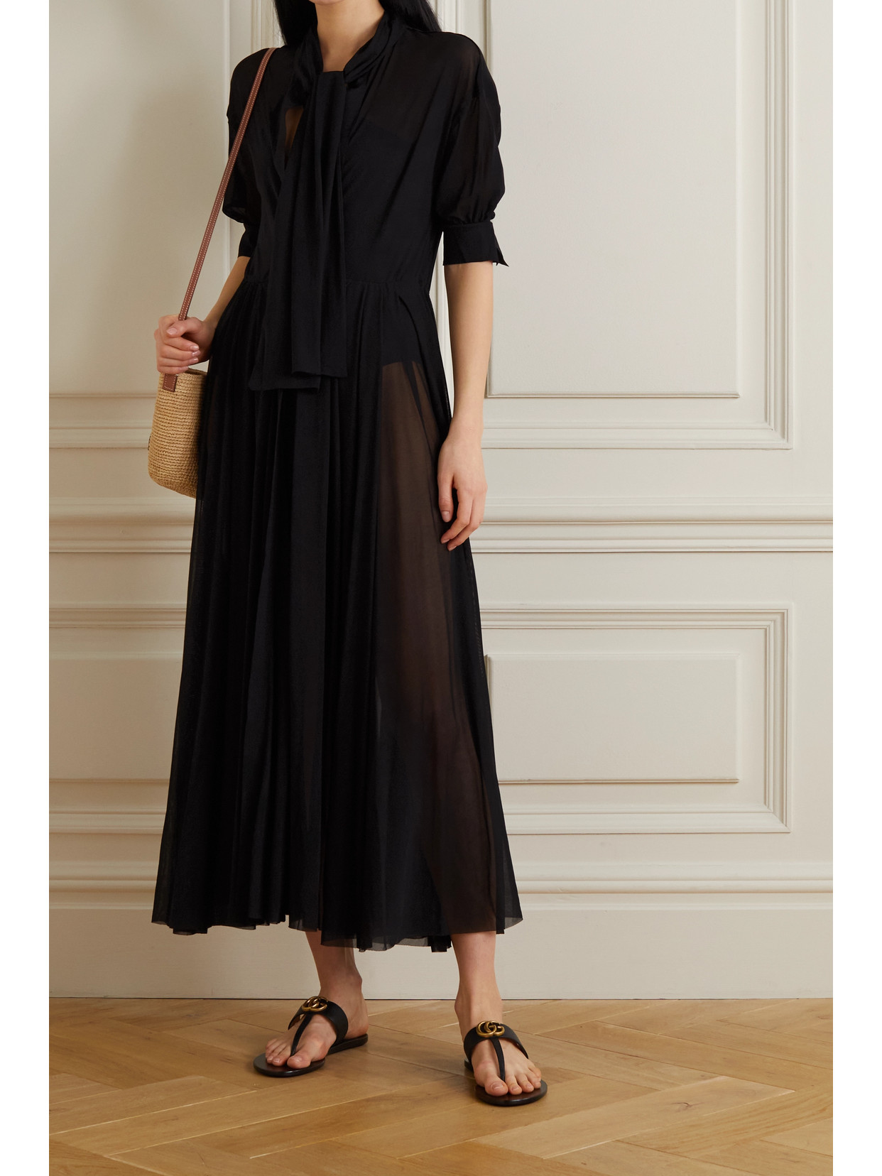 Norma Kamali Pleated Gauze Shirt Dress In Black