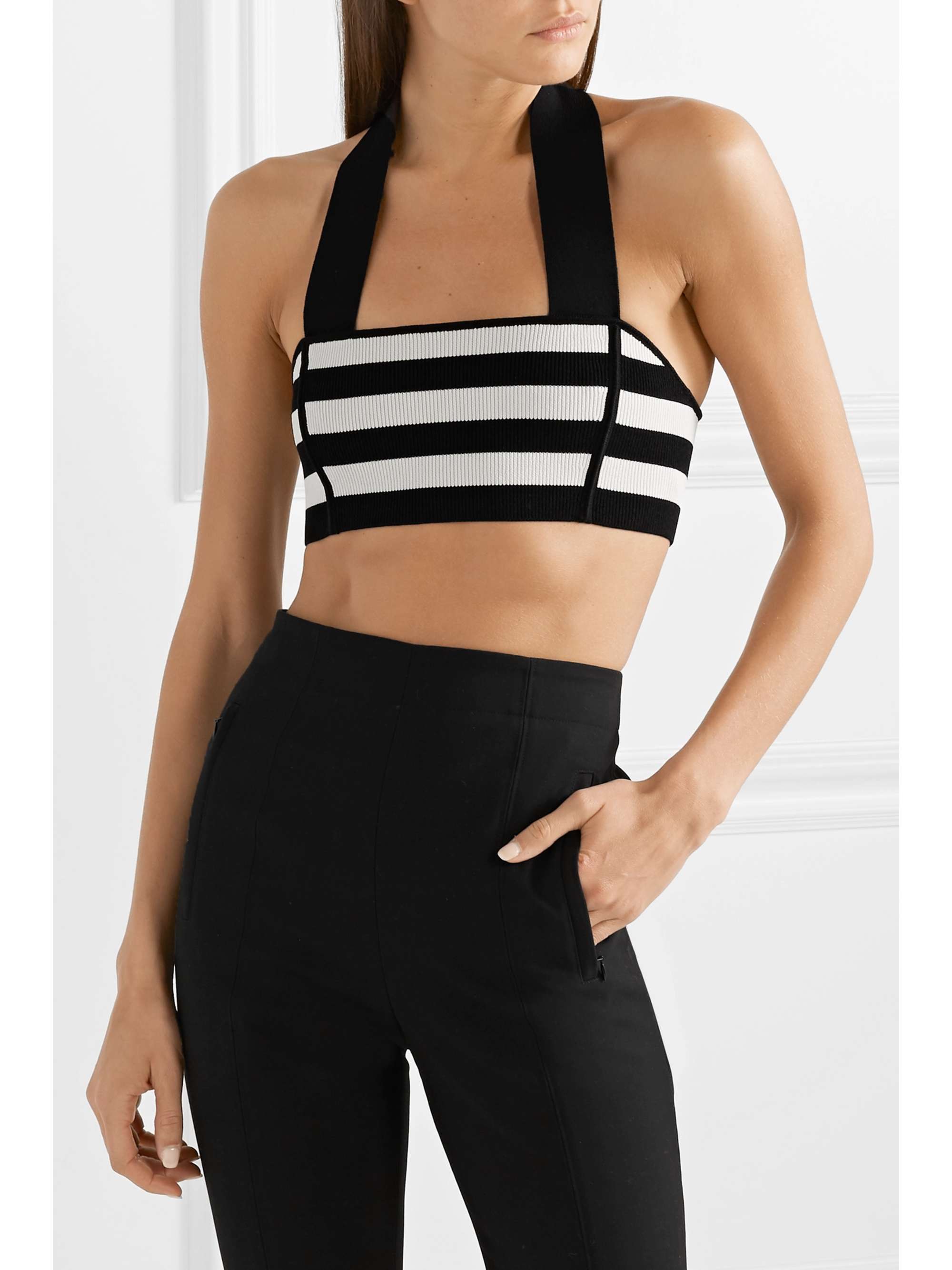 KHAITE Janet cropped striped stretch-knit halterneck top