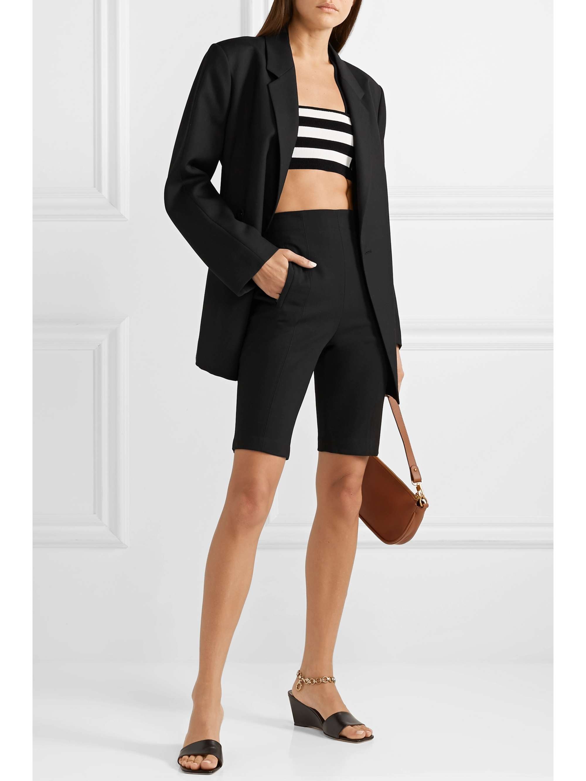 KHAITE Janet cropped striped stretch-knit halterneck top