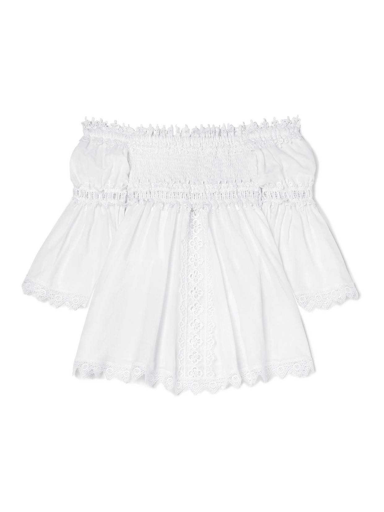 Charo Ruiz Off-the-shoulder Crocheted Lace-paneled Cotton-blend Top In White