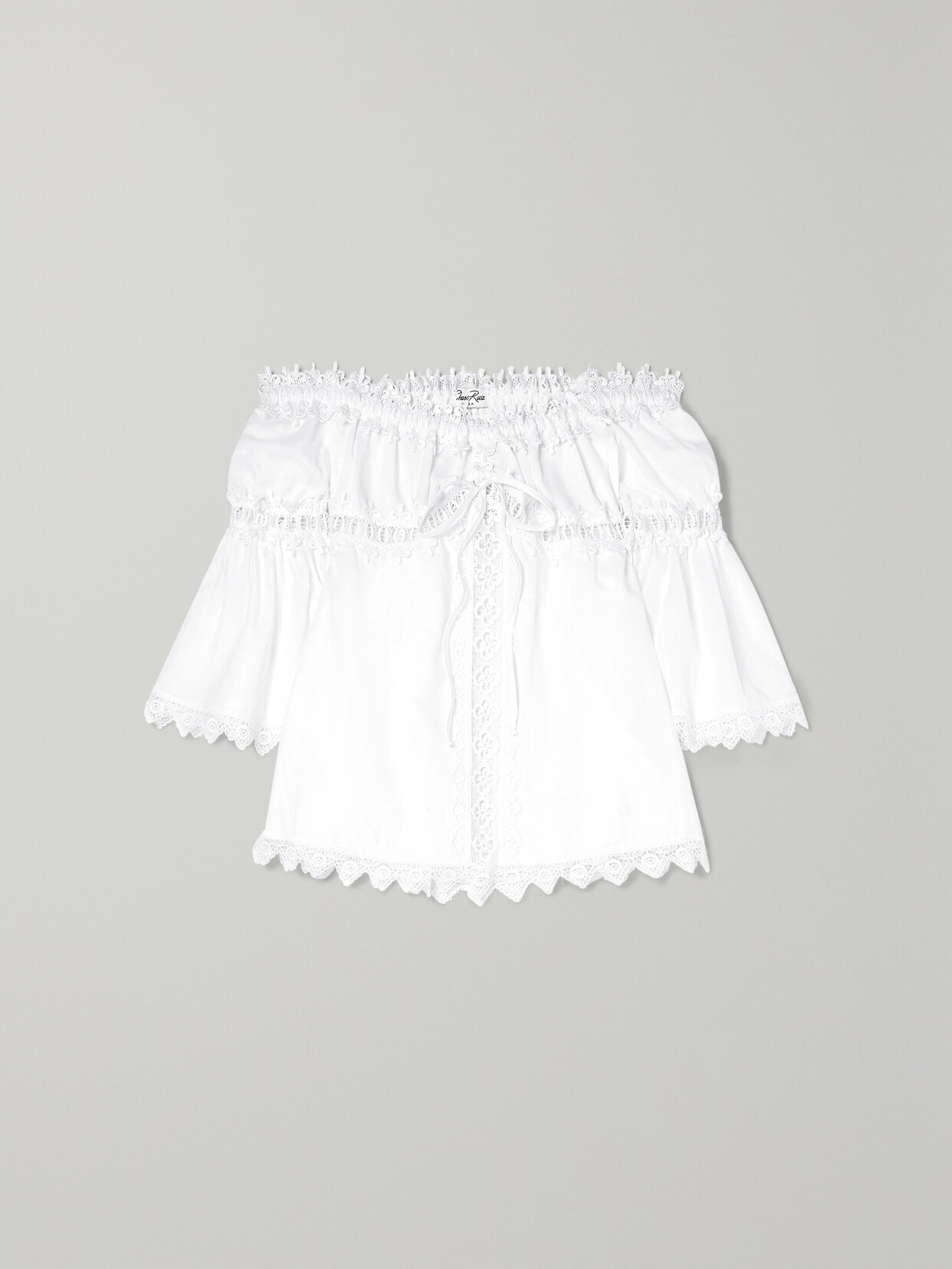 Charo Ruiz Off-the-shoulder Crocheted Lace-paneled Cotton-blend Top In White