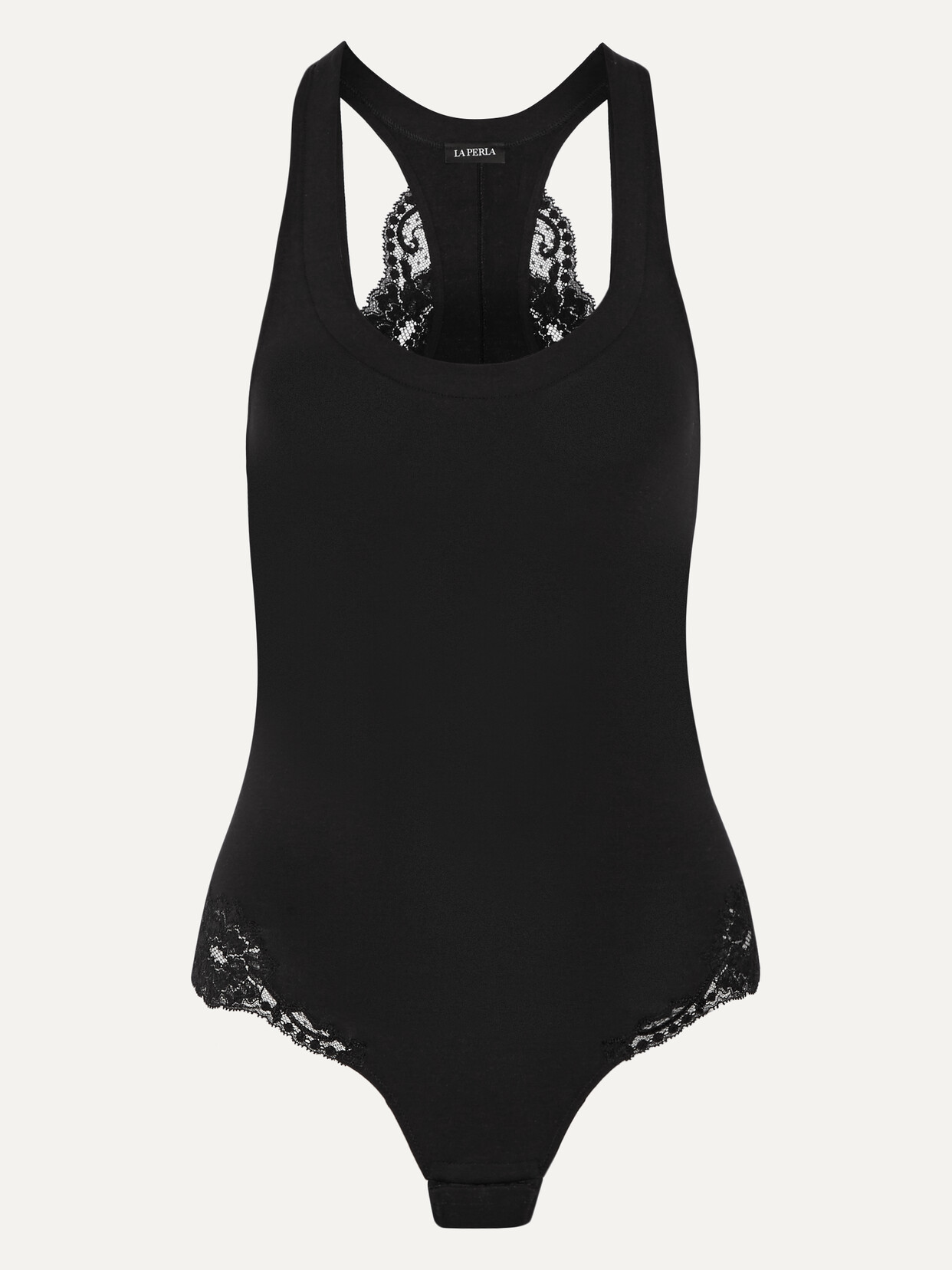 La Perla Souple Lace-trimmed Stretch Cotton-blend Jersey Bodysuit - Black