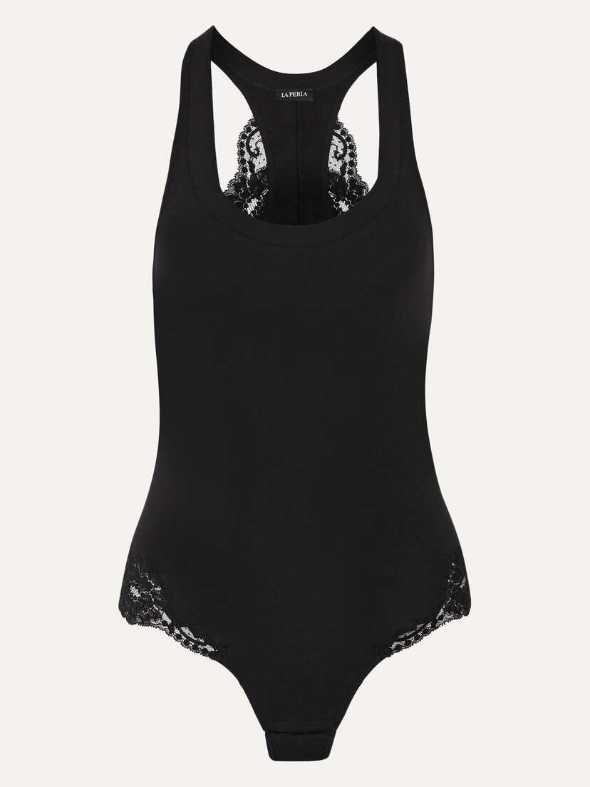 La Perla Souple Lace-trimmed Stretch Cotton-blend Jersey Bodysuit