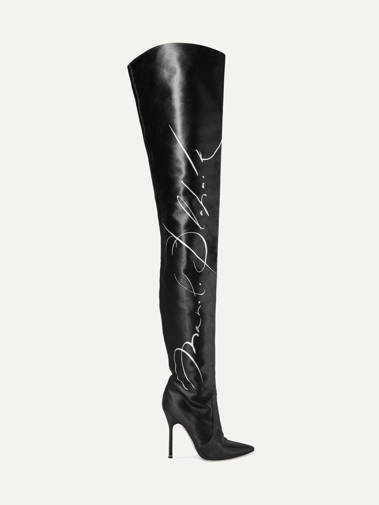 Vetements + Manolo Blahnik Printed Satin Thigh Boots In Black