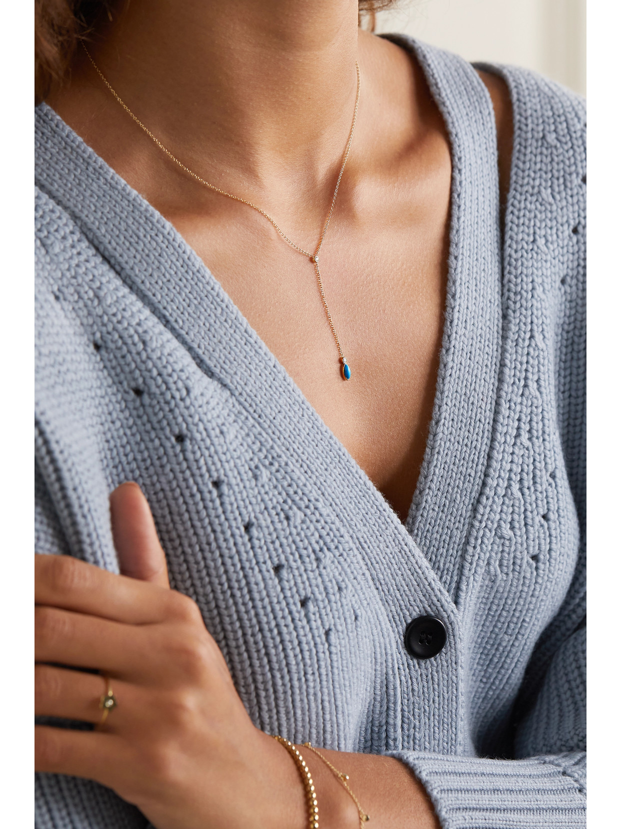 Jennifer Meyer 18k Yellow Gold Diamond Bezel With Turquoise Marquise Lariat Necklace