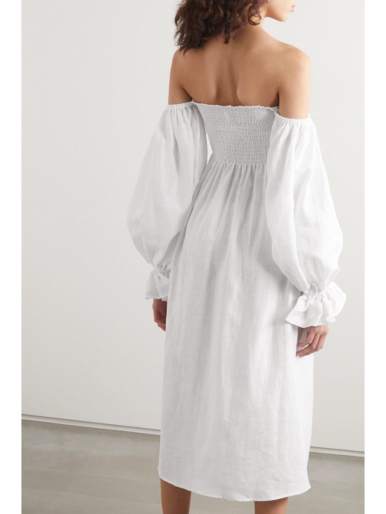 Shop Sleeper + Net Sustain Atlanta Off-the-shoulder Shirred Linen Midi Dress In White