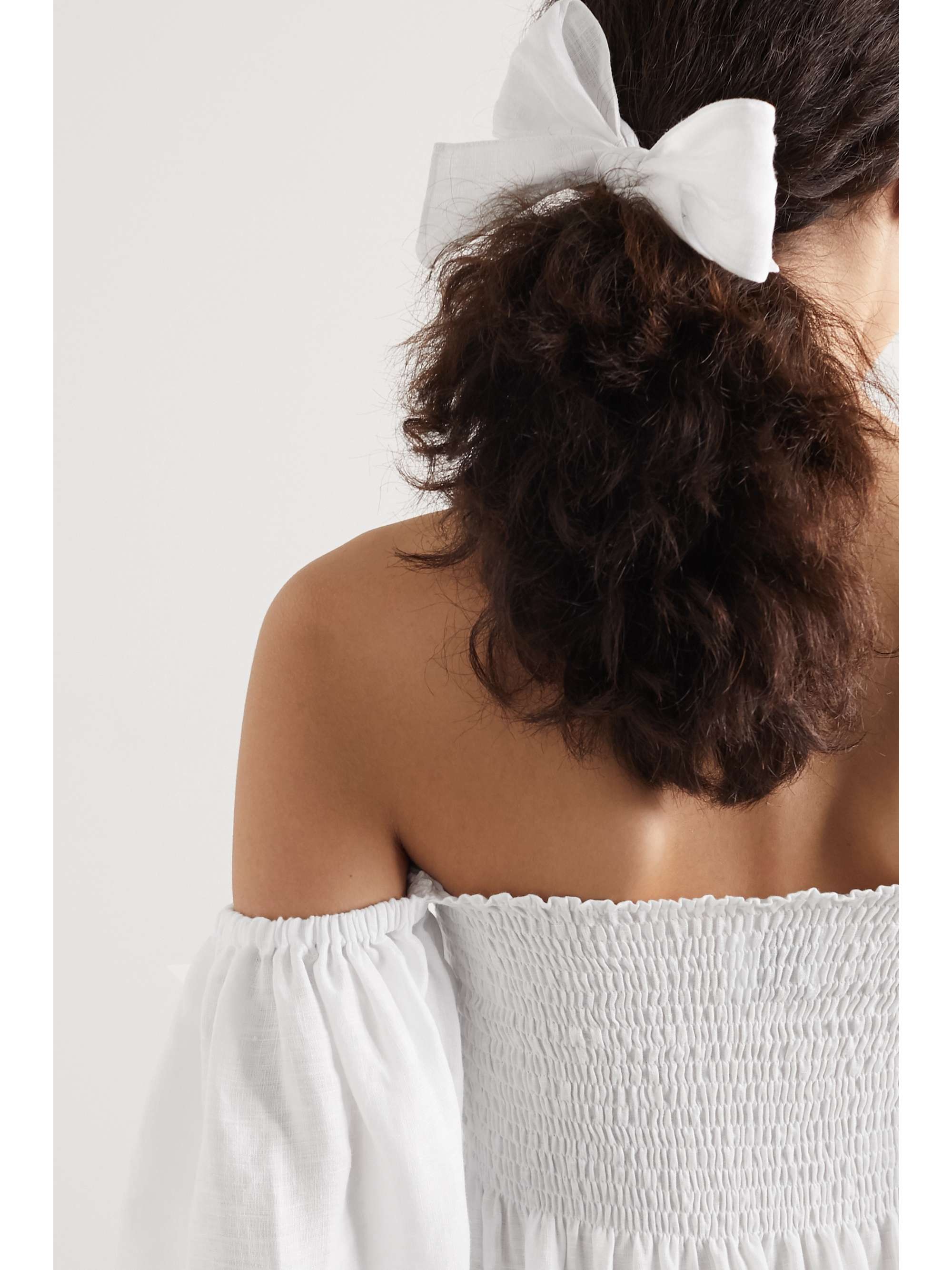 SLEEPER + NET SUSTAIN Atlanta off-the-shoulder shirred linen midi dress