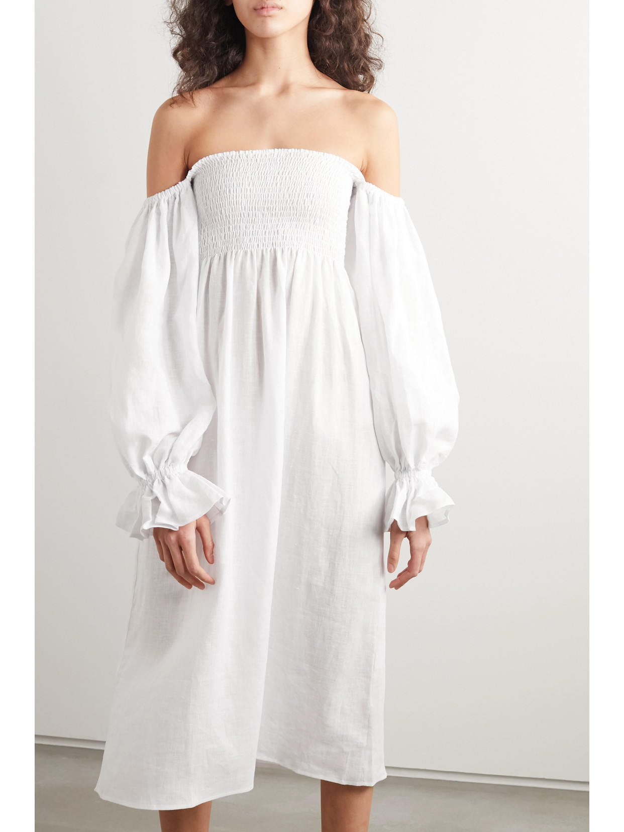 Shop Sleeper + Net Sustain Atlanta Off-the-shoulder Shirred Linen Midi Dress In White