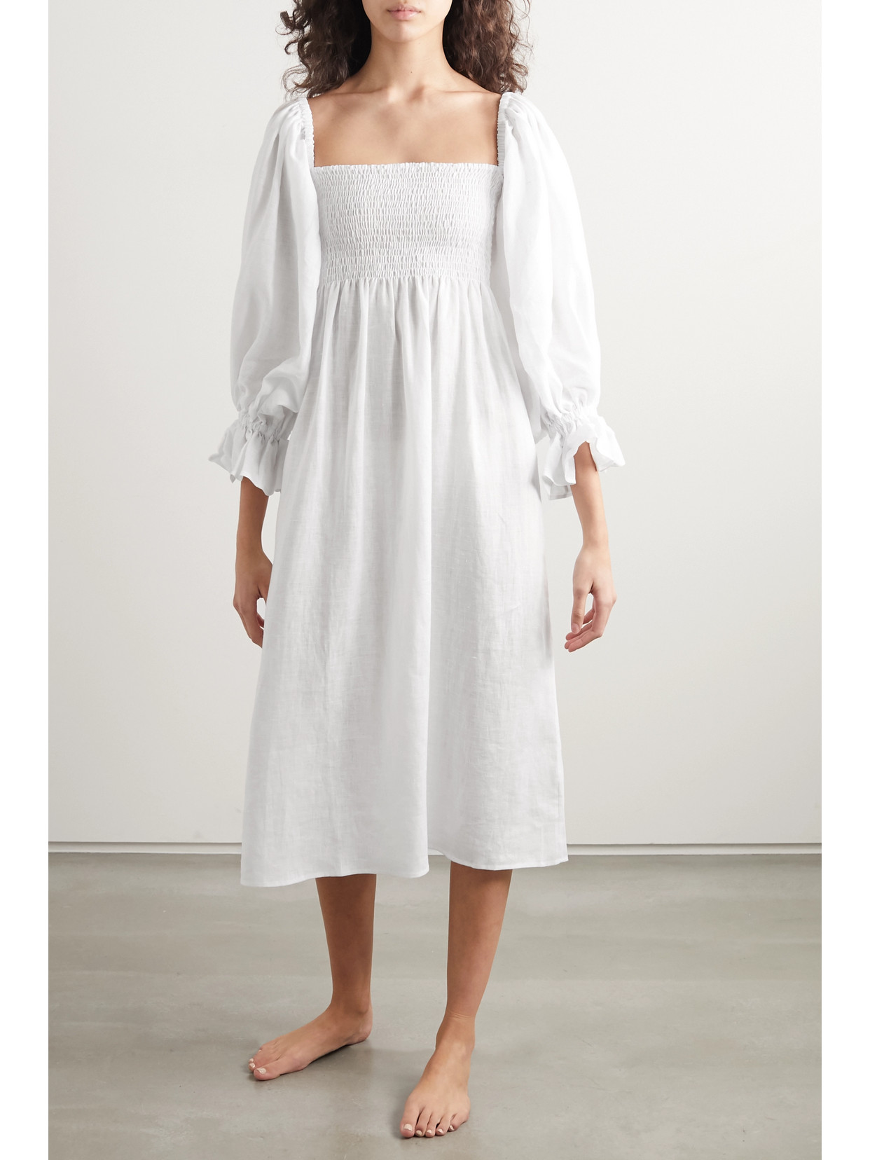 Shop Sleeper + Net Sustain Atlanta Off-the-shoulder Shirred Linen Midi Dress In White