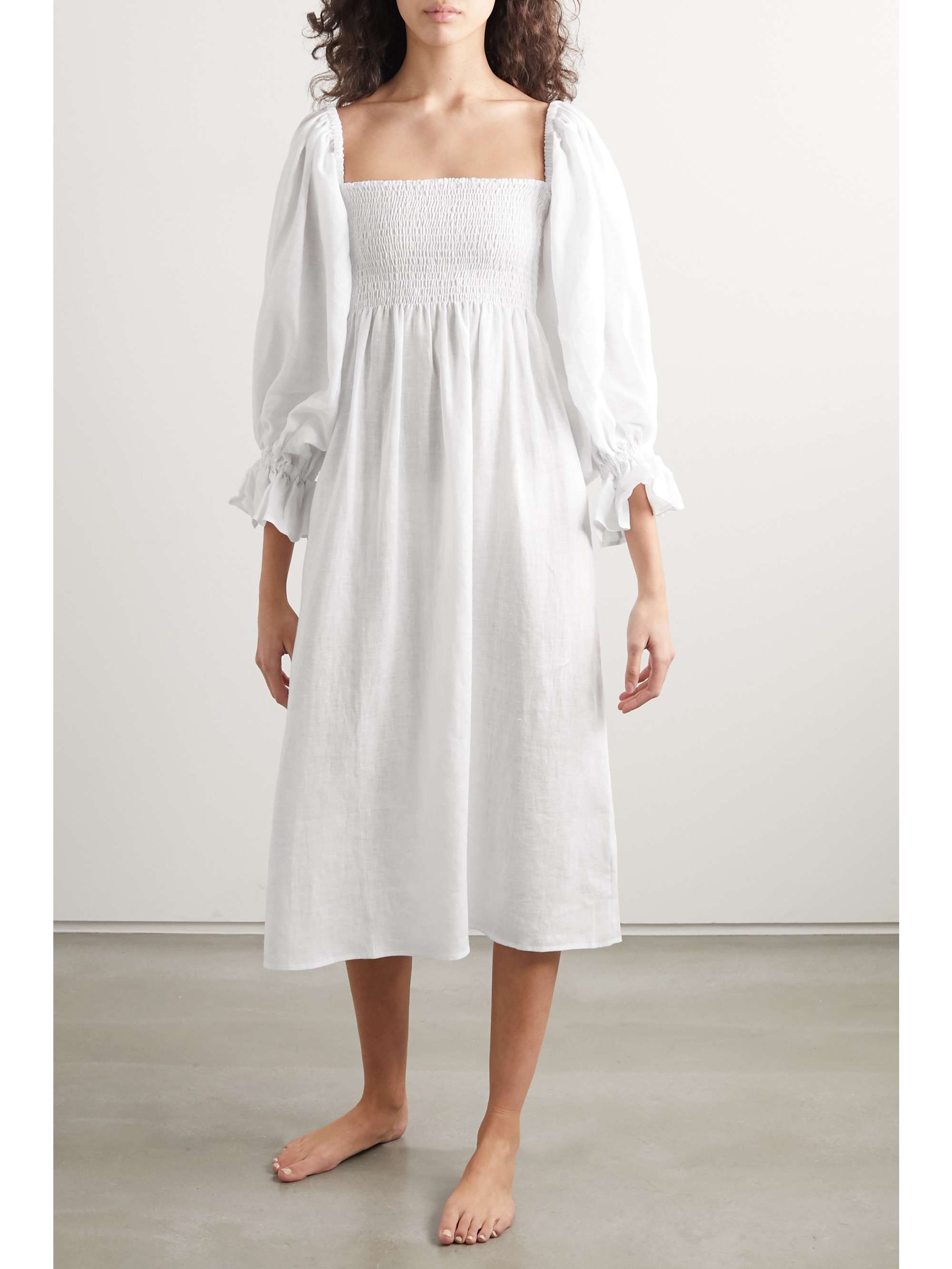 SLEEPER + NET SUSTAIN Atlanta off-the-shoulder shirred linen midi dress
