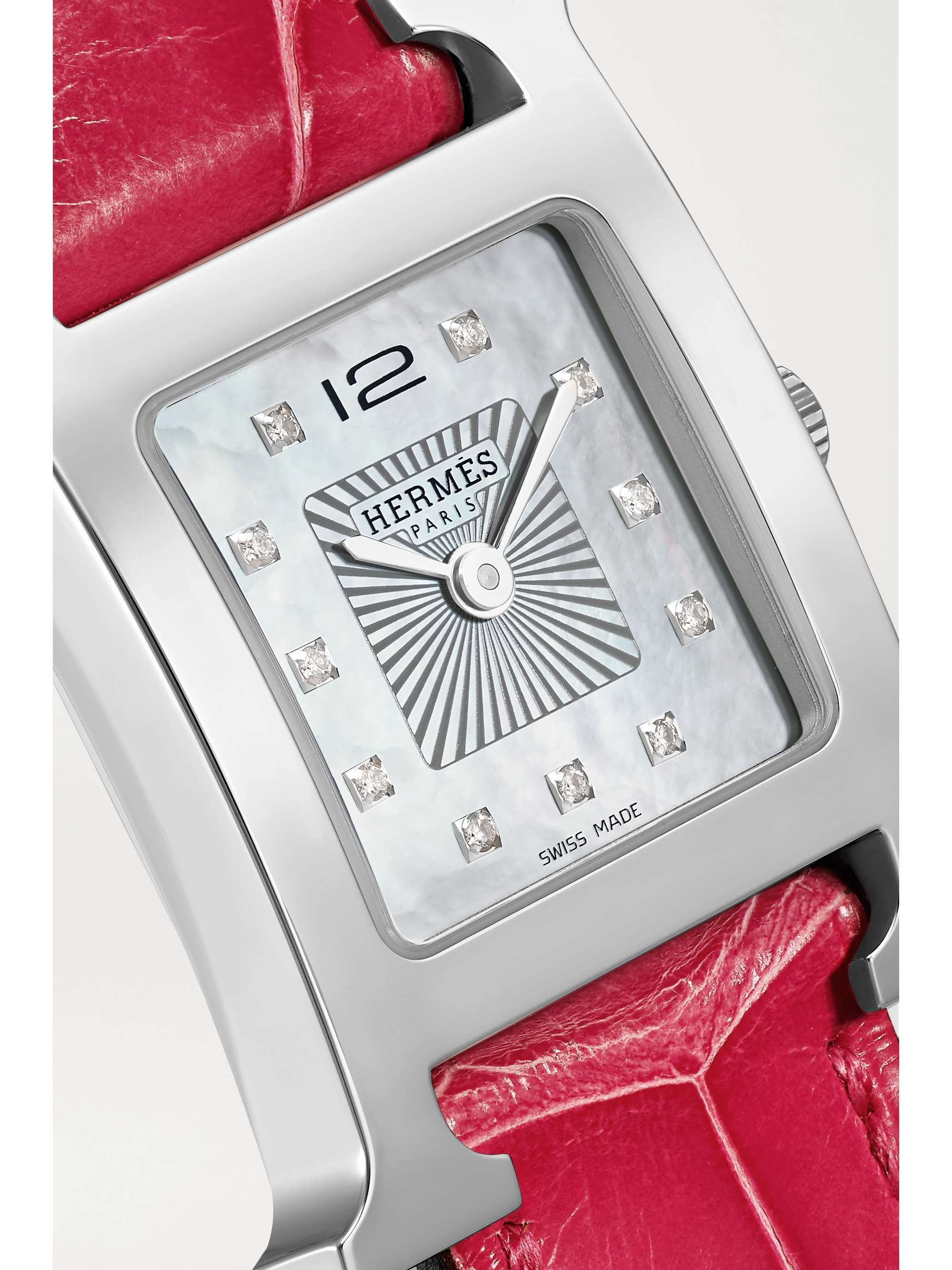 HERMÈS TIMEPIECES Heure H 21 毫米精钢、钻石、珍珠母小号腕表（短吻鳄鱼皮表带）