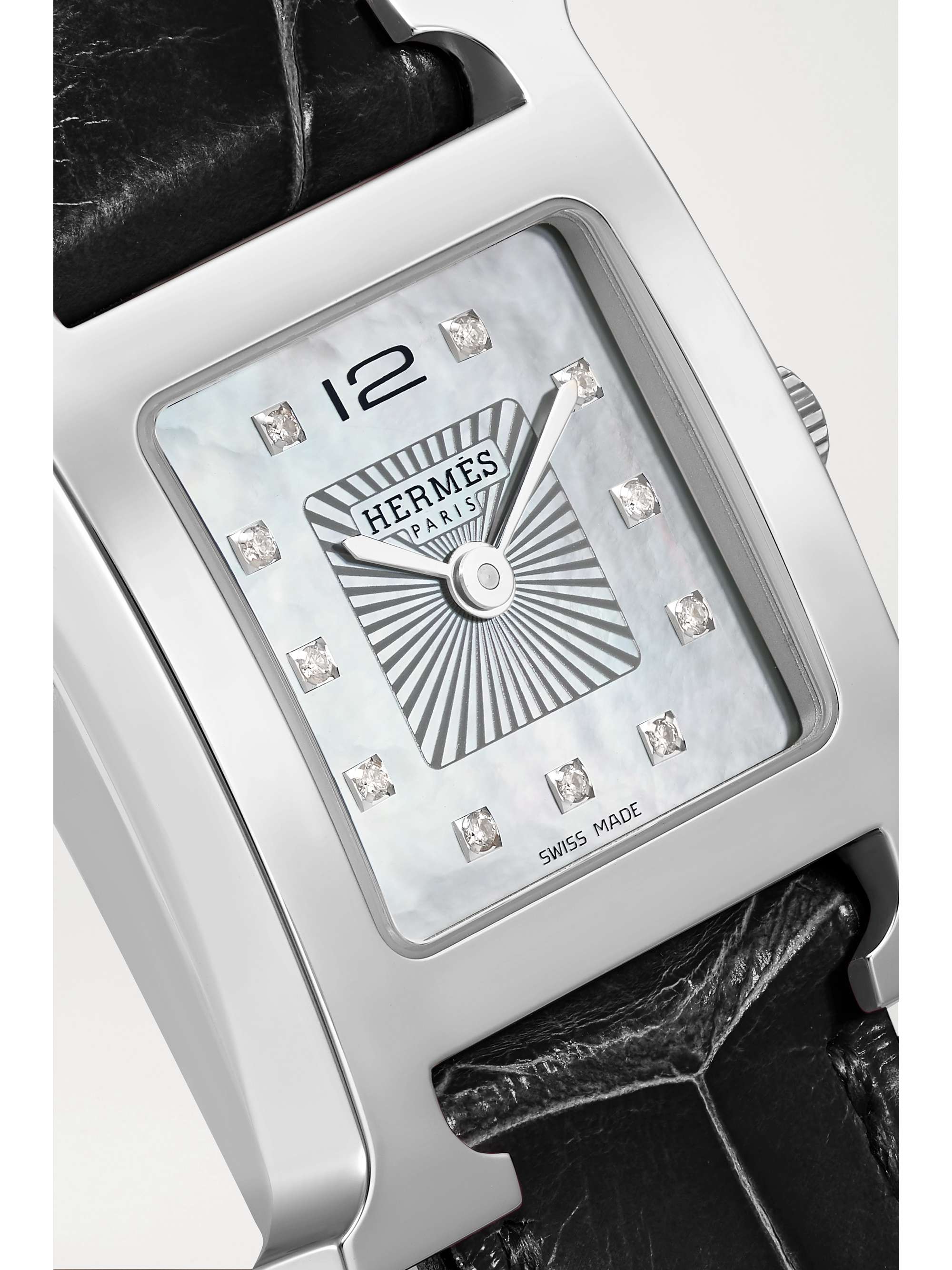 HERMÈS TIMEPIECES Heure H 26mm stainless steel, alligator, diamond and mother-of-pearl watch