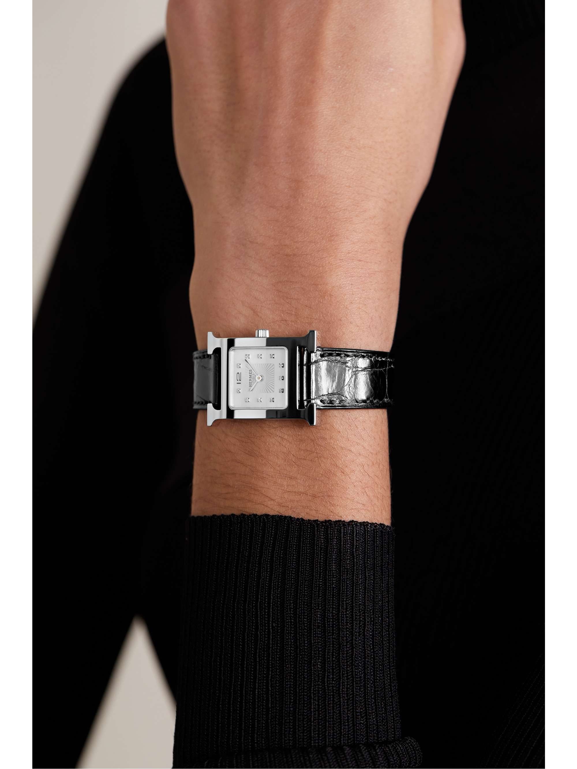 HERMÈS TIMEPIECES Heure H 26mm stainless steel, alligator, diamond and mother-of-pearl watch