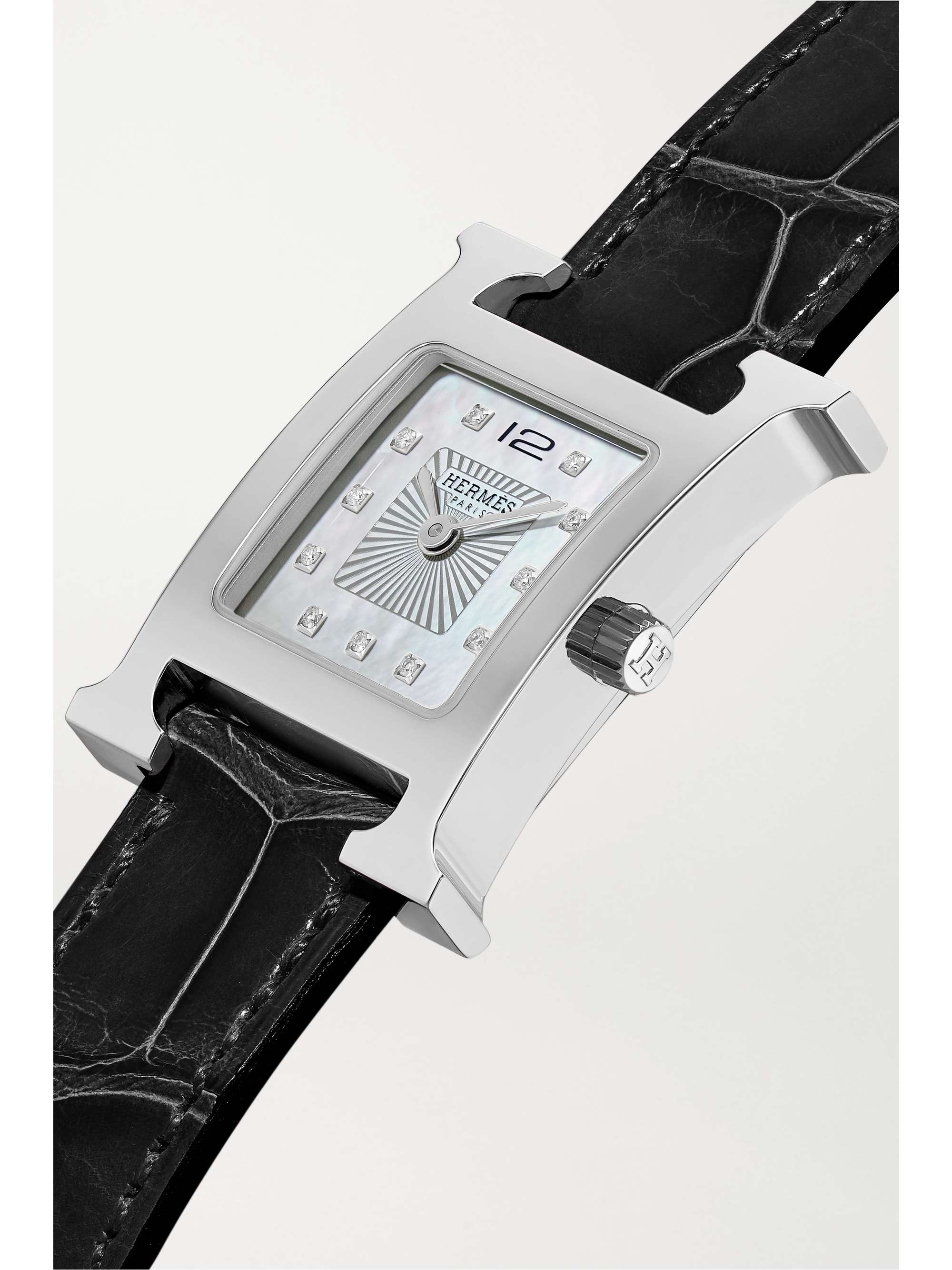 HERMÈS TIMEPIECES Heure H 26mm stainless steel, alligator, diamond and mother-of-pearl watch