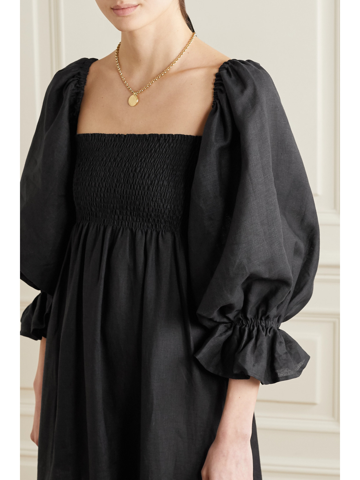 SLEEPER + NET SUSTAIN ATLANTA OFF-THE-SHOULDER SHIRRED LINEN MIDI DRESS