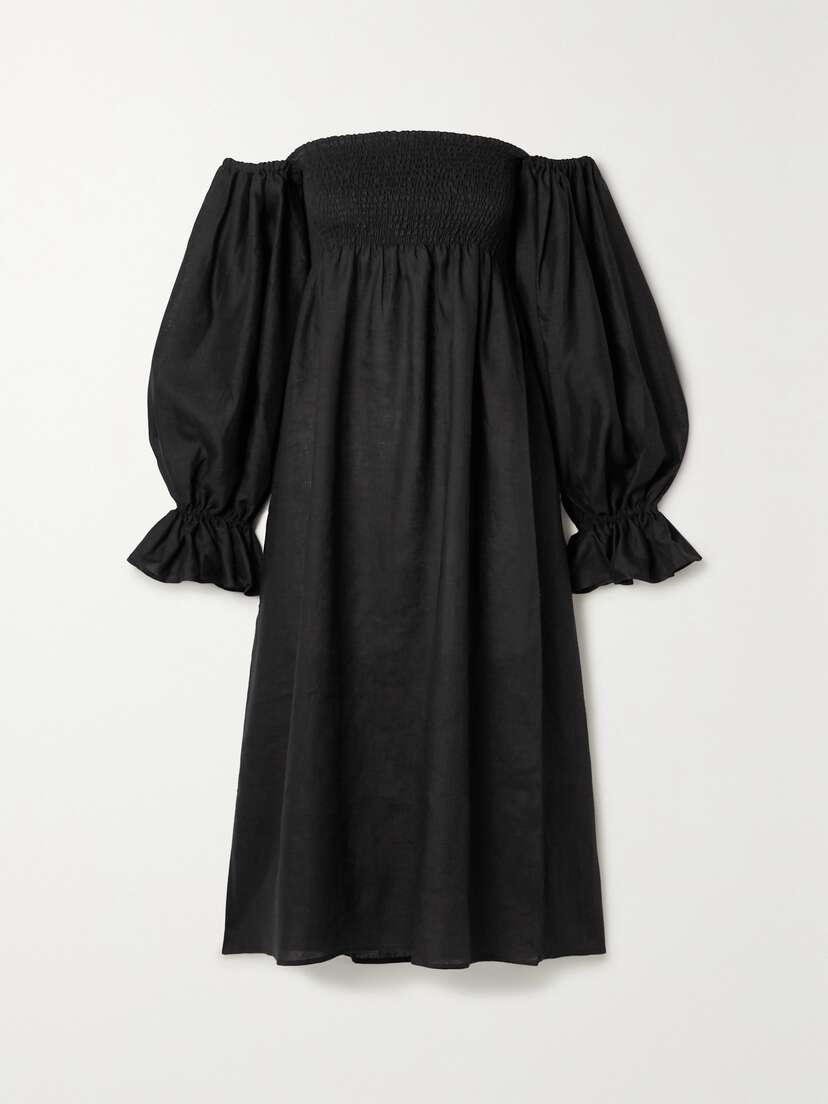 Sleeper + Net Sustain Atlanta Off-the-shoulder Shirred Linen Midi Dress
