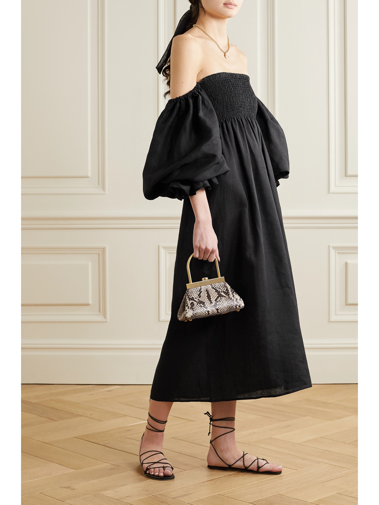 SLEEPER + NET SUSTAIN ATLANTA OFF-THE-SHOULDER SHIRRED LINEN MIDI DRESS