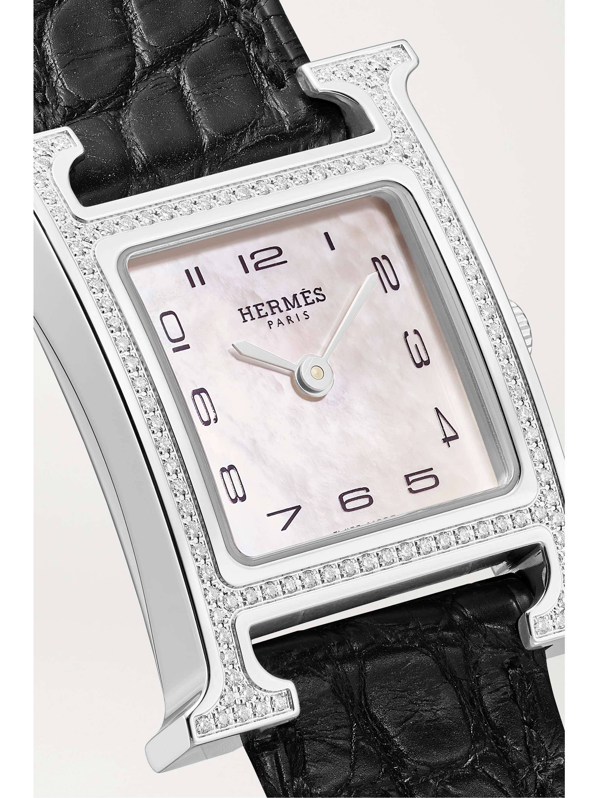 HERMÈS TIMEPIECES Heure H 21 毫米精钢、钻石、珍珠母小号腕表（短吻鳄鱼皮表带）