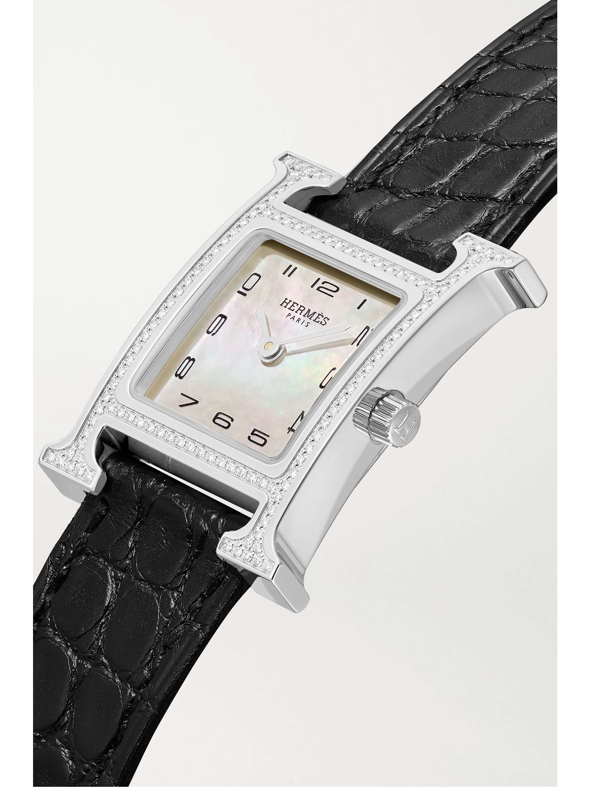 HERMÈS TIMEPIECES Heure H 21 毫米精钢、钻石、珍珠母小号腕表（短吻鳄鱼皮表带）