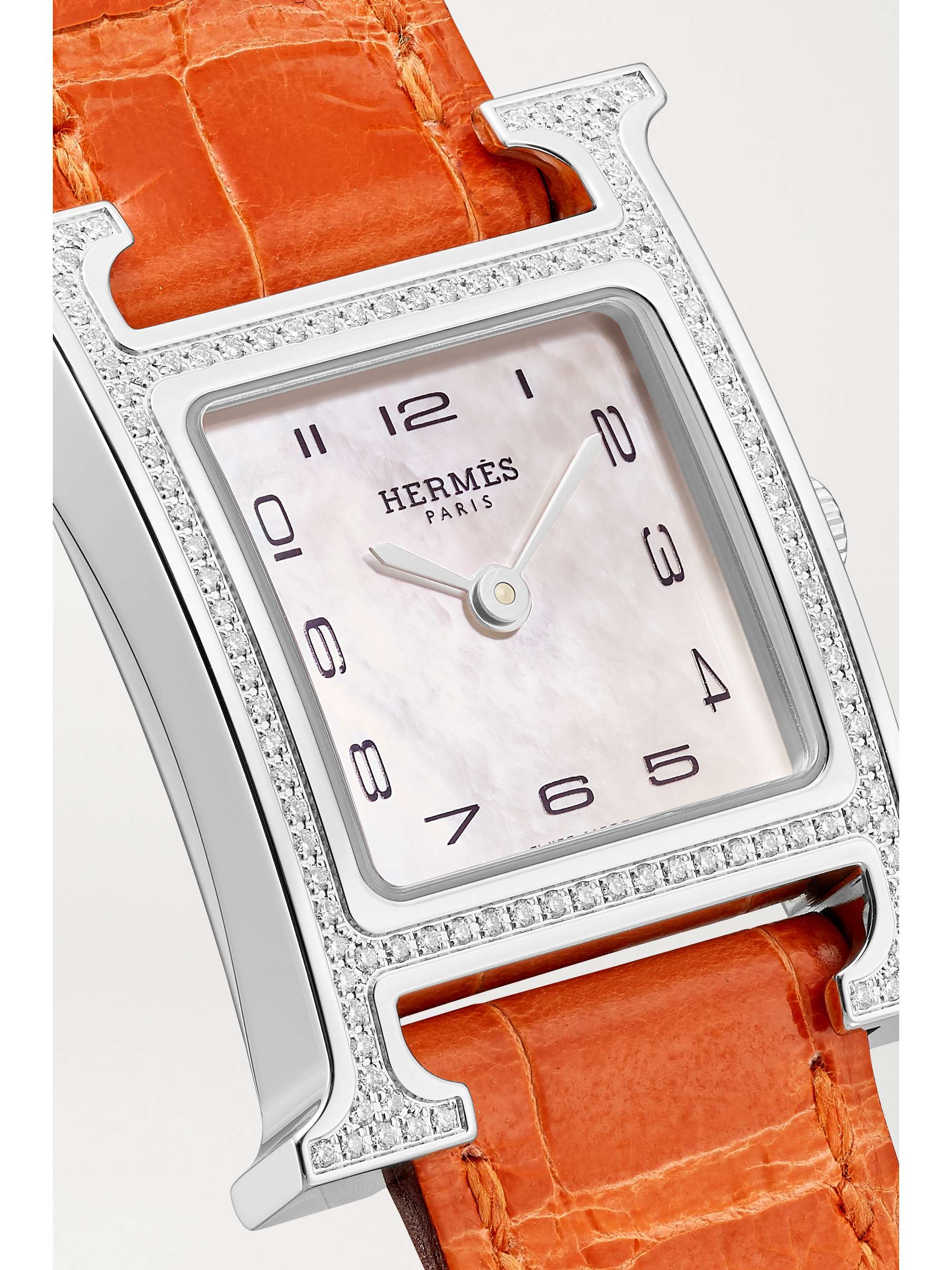HERMÈS TIMEPIECES Heure H 21mm small stainless steel, alligator, diamond and mother-of-pearl watch