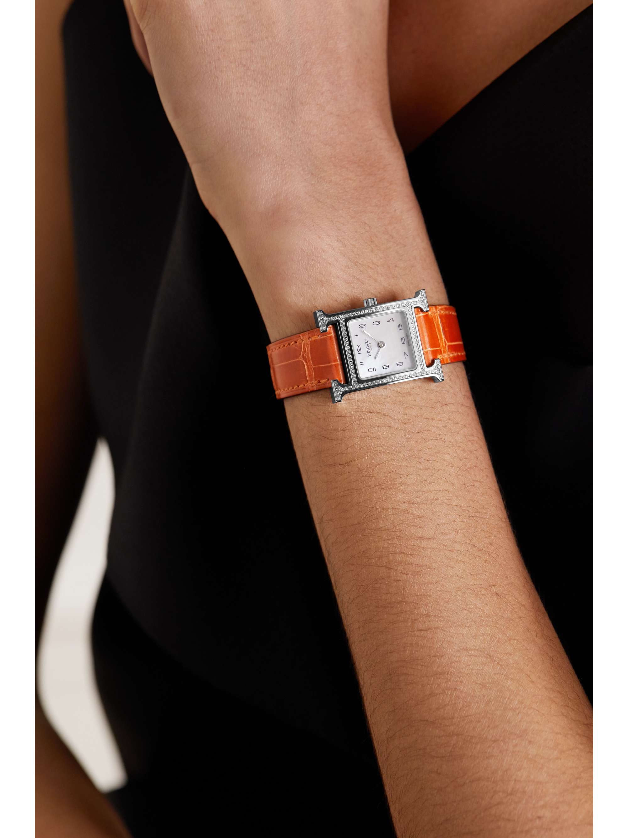 HERMÈS TIMEPIECES Heure H 21mm small stainless steel, alligator, diamond and mother-of-pearl watch