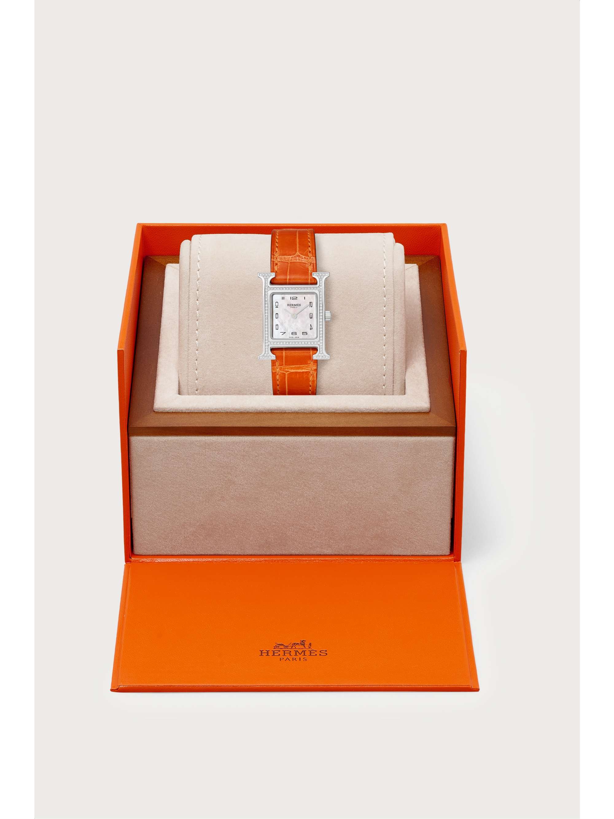HERMÈS TIMEPIECES Heure H 21mm small stainless steel, alligator, diamond and mother-of-pearl watch
