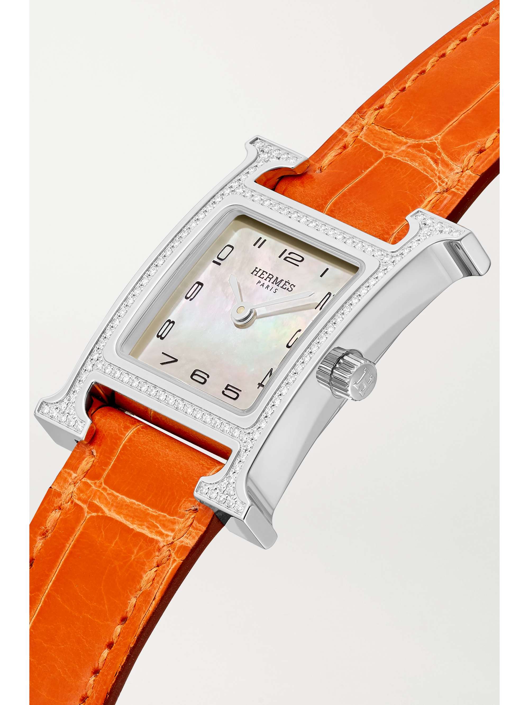HERMÈS TIMEPIECES Heure H 21mm small stainless steel, alligator, diamond and mother-of-pearl watch