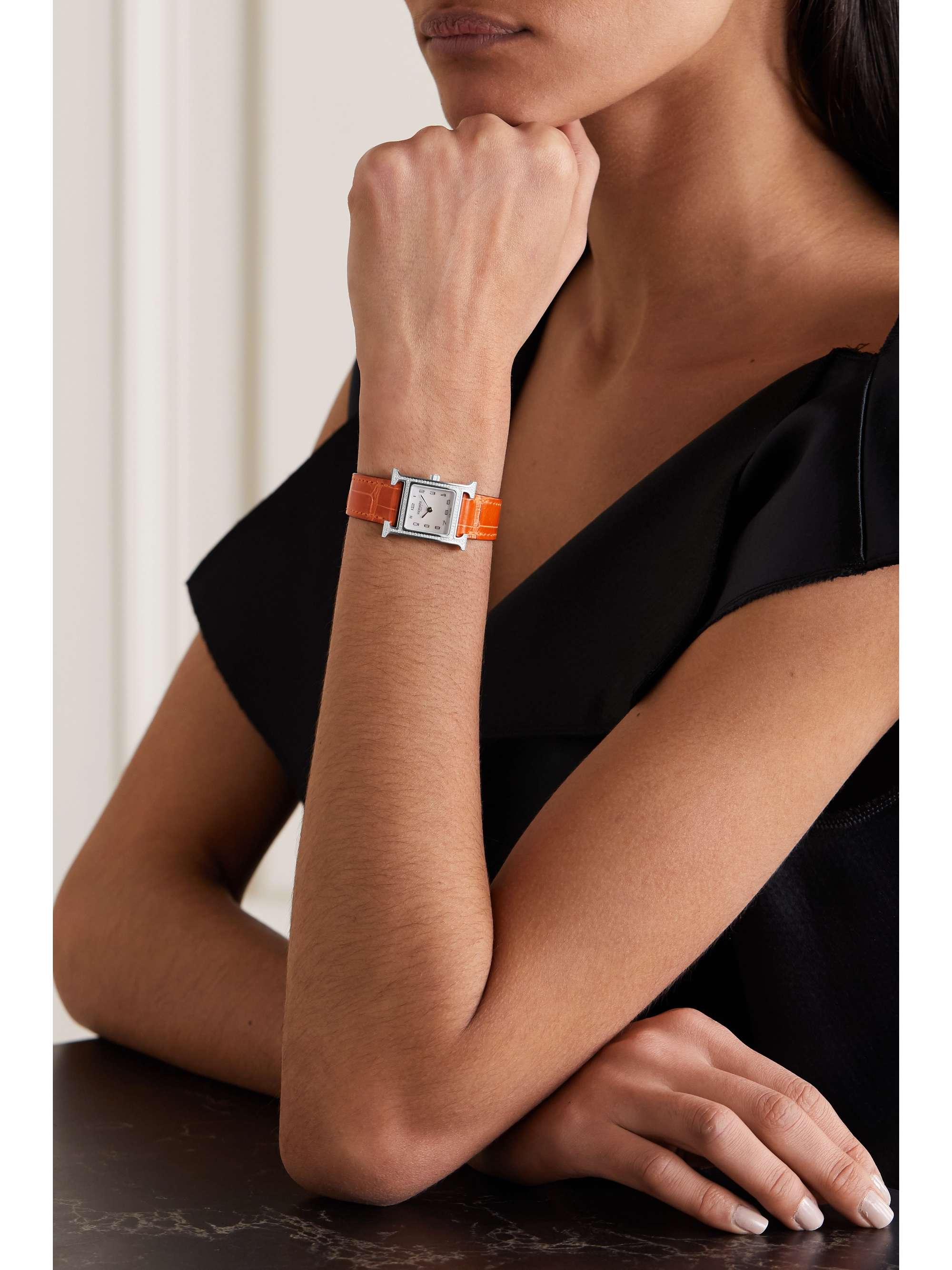 HERMÈS TIMEPIECES Heure H 21mm small stainless steel, alligator, diamond and mother-of-pearl watch