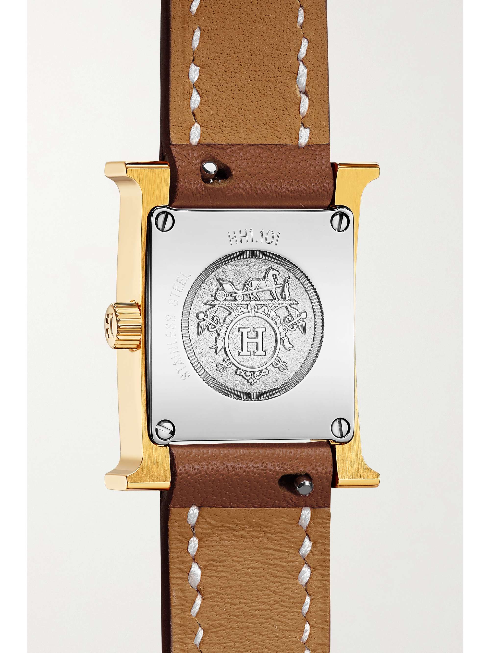 HERMÈS TIMEPIECES Heure H 17,2 mm sehr kleine vergoldete Uhr mit Lederarmband