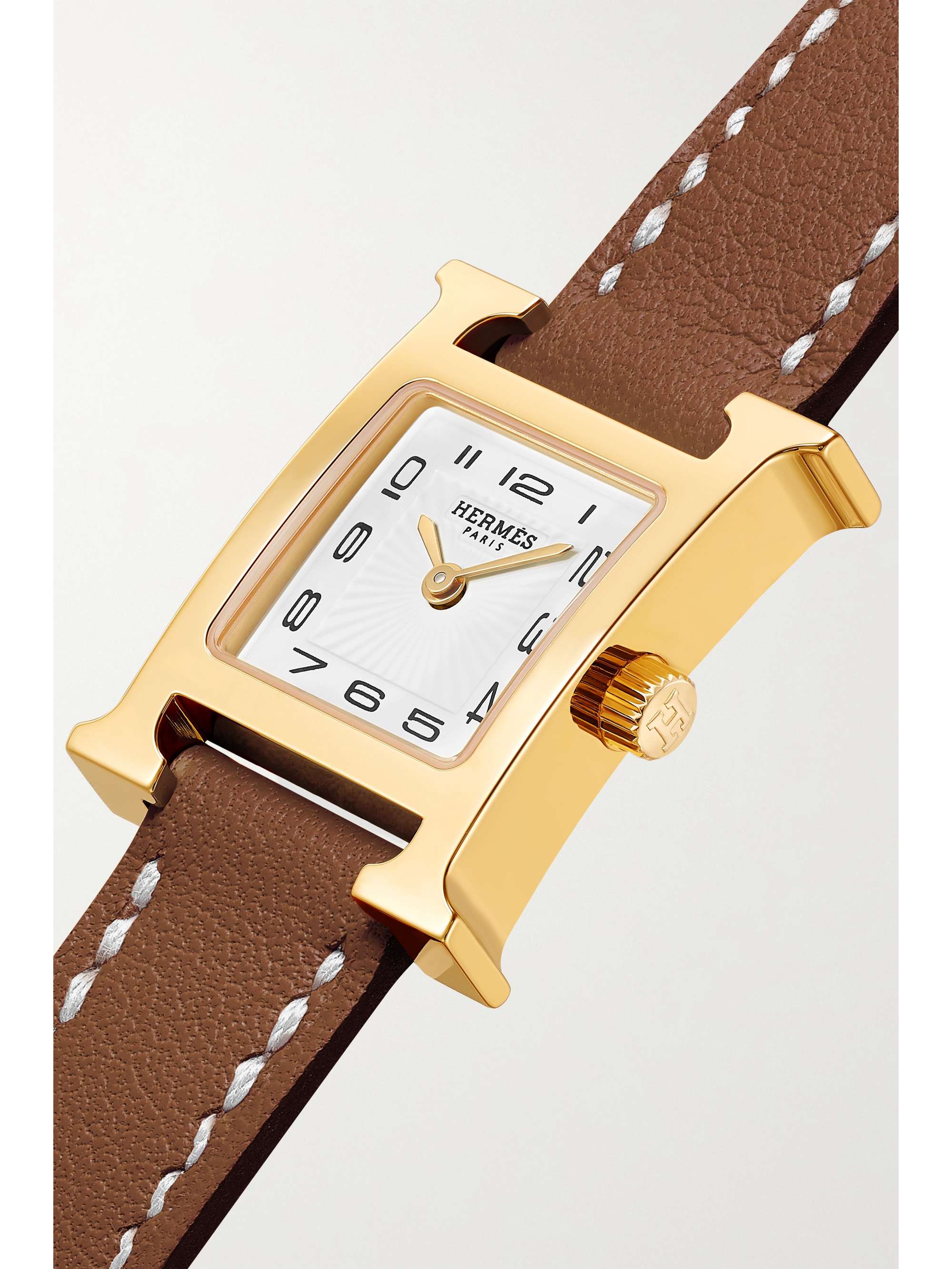 HERMÈS TIMEPIECES Heure H 17,2 mm sehr kleine vergoldete Uhr mit Lederarmband