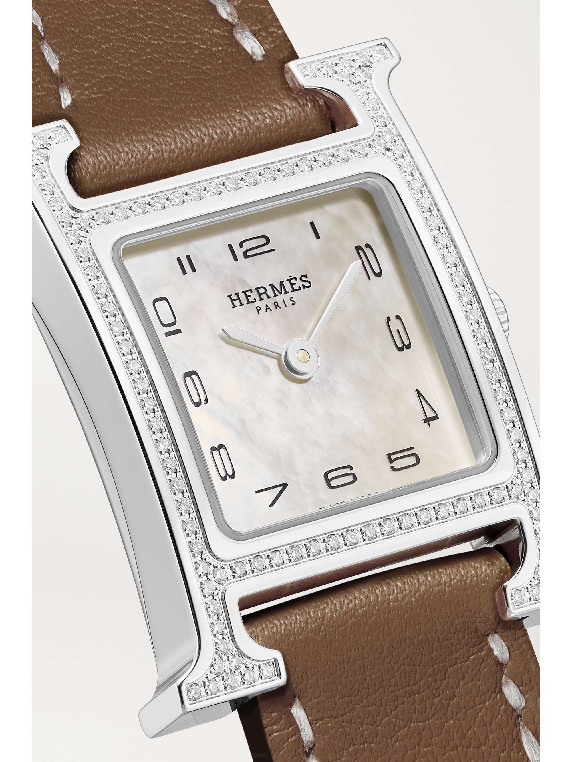 HERMÈS TIMEPIECES Heure H 21 mm kleine Uhr aus Edelstahl mit Diamanten, Perlmutt und Lederarmband