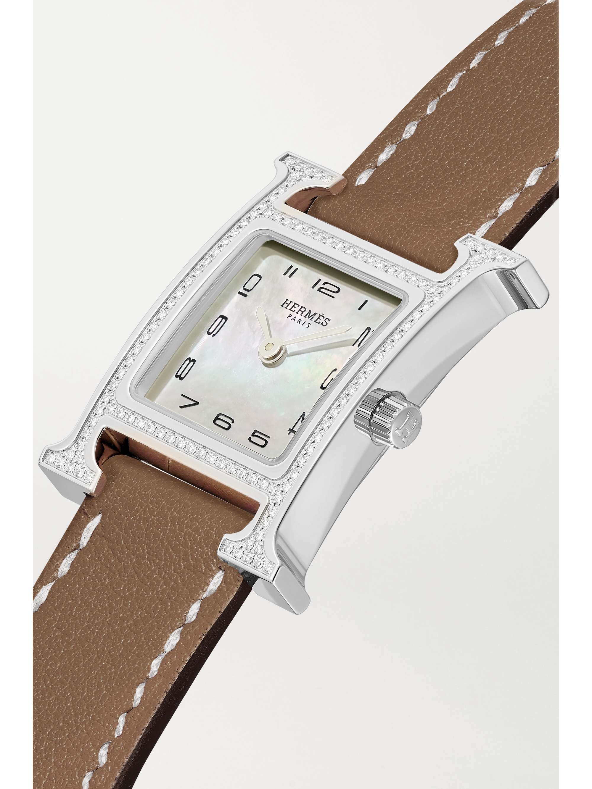 HERMÈS TIMEPIECES Heure H 21 mm kleine Uhr aus Edelstahl mit Diamanten, Perlmutt und Lederarmband