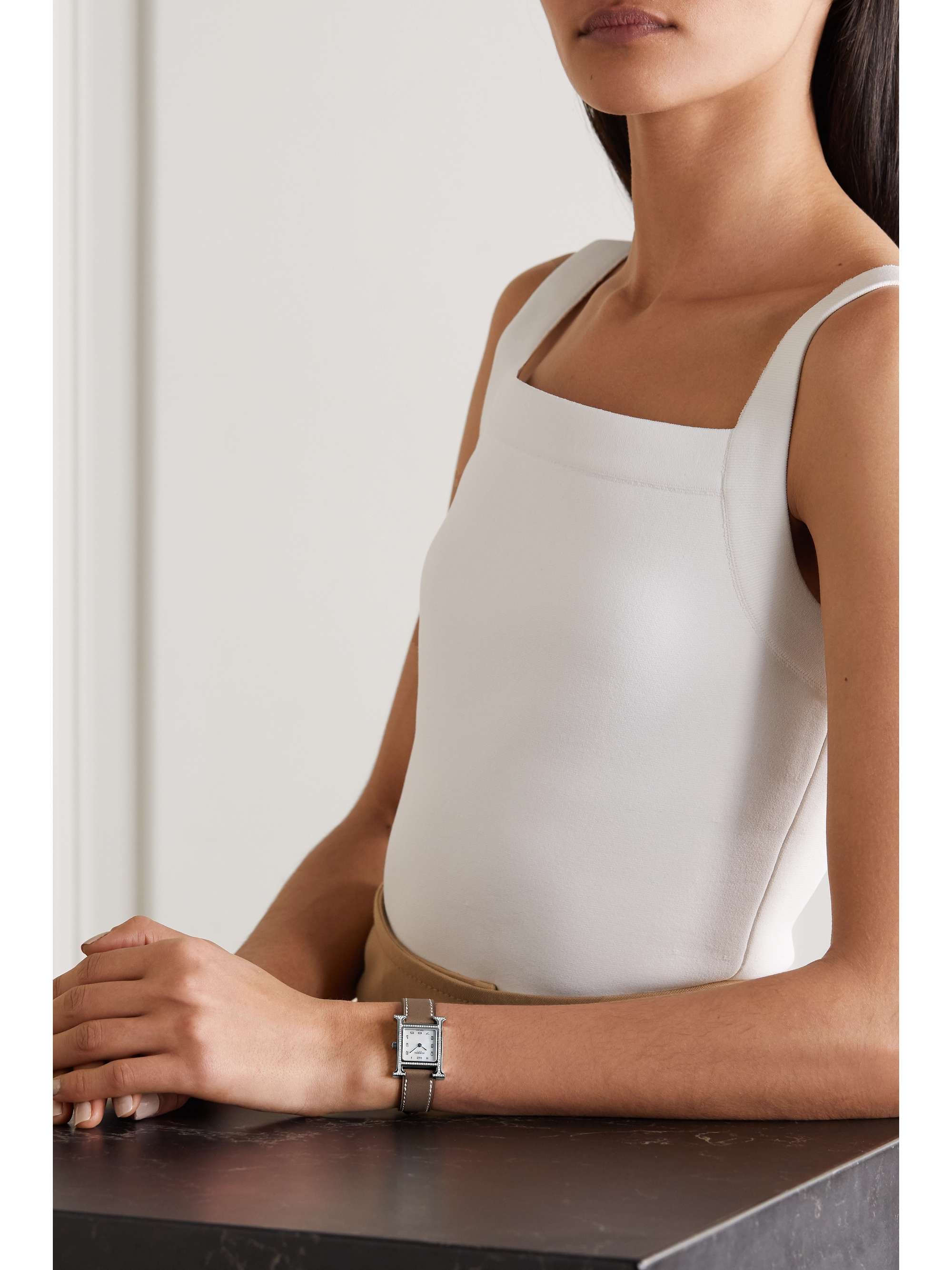 HERMÈS TIMEPIECES Heure H 21 mm kleine Uhr aus Edelstahl mit Diamanten, Perlmutt und Lederarmband