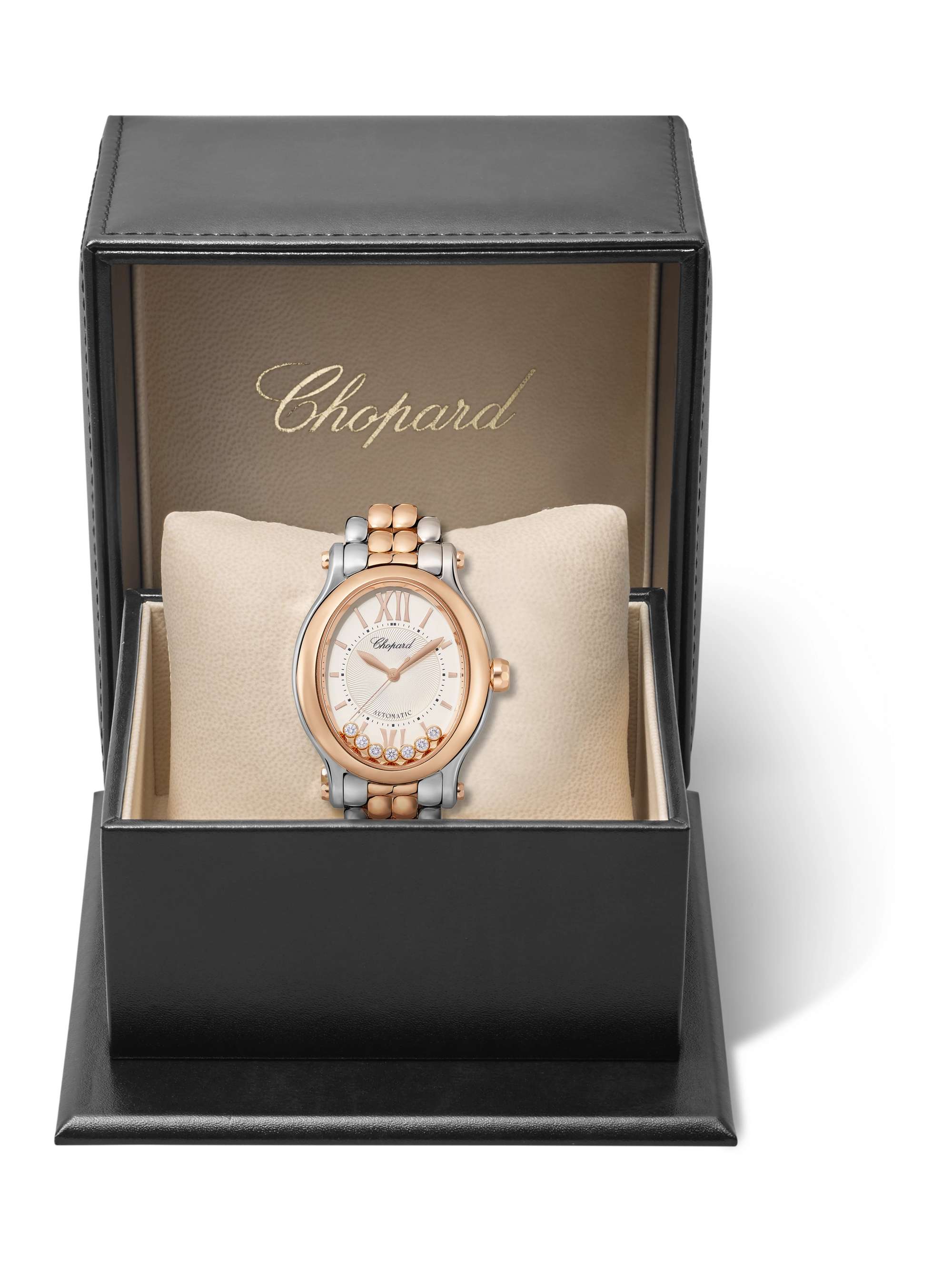 CHOPARD Happy Sport Oval Automatic 29mm 18-karat rose gold, stainless steel and diamond watch