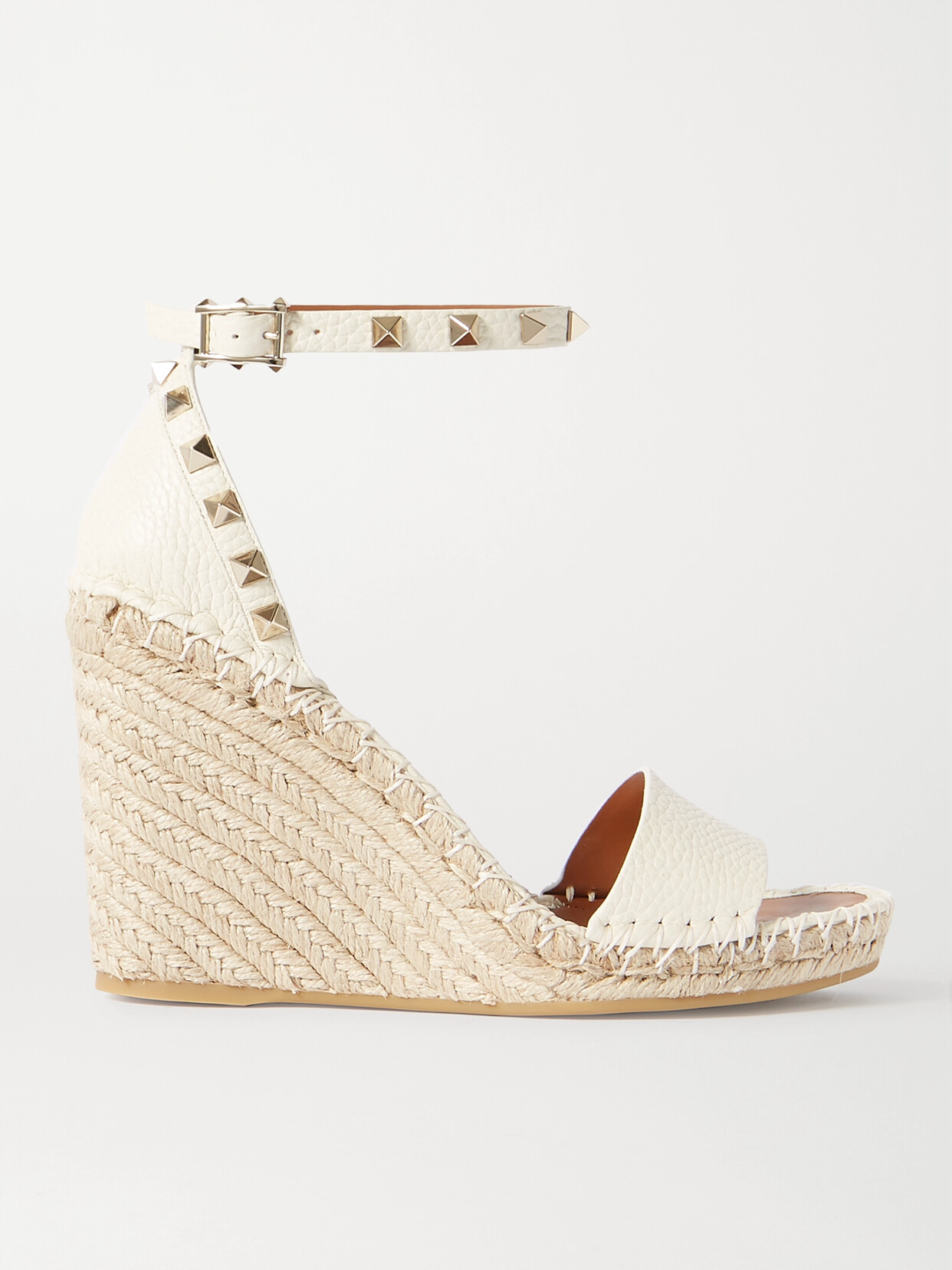 Shop Valentino Rockstud 105 Textured-leather Espadrille Wedge Sandals In Off-white