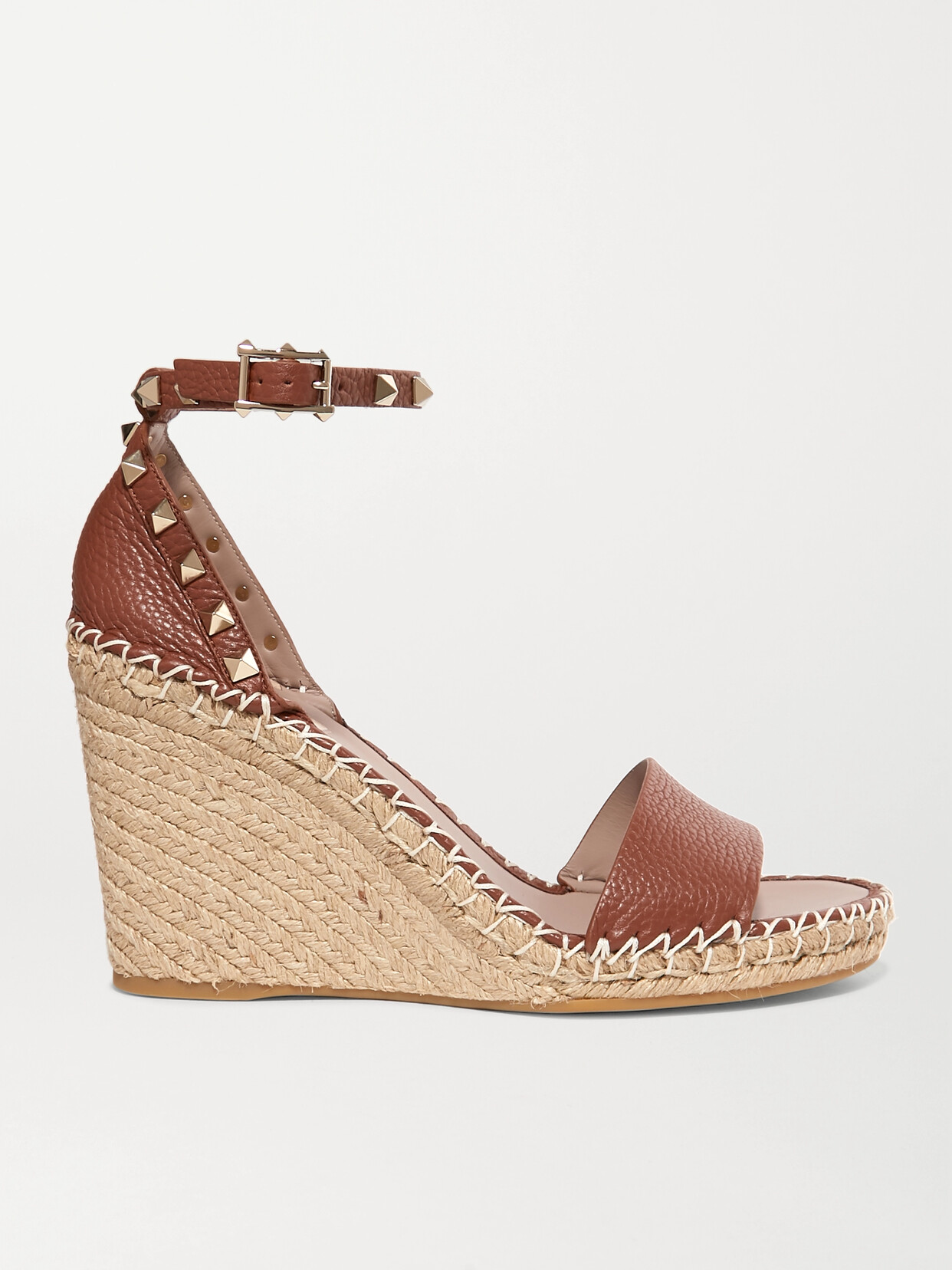 Shop Valentino Rockstud 105 Textured-leather Espadrille Wedge Sandals In Brown