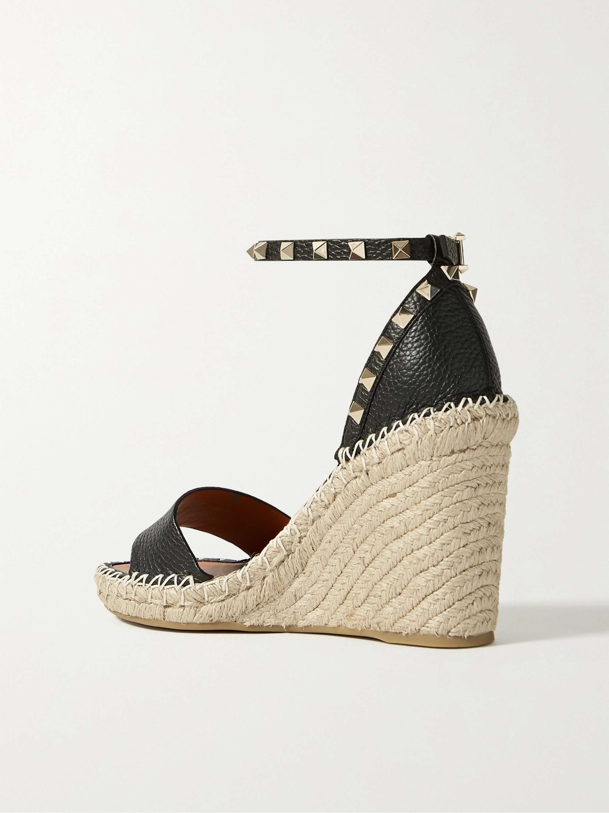 VALENTINO GARAVANI Rockstud 105 textured-leather espadrille wedge sandals