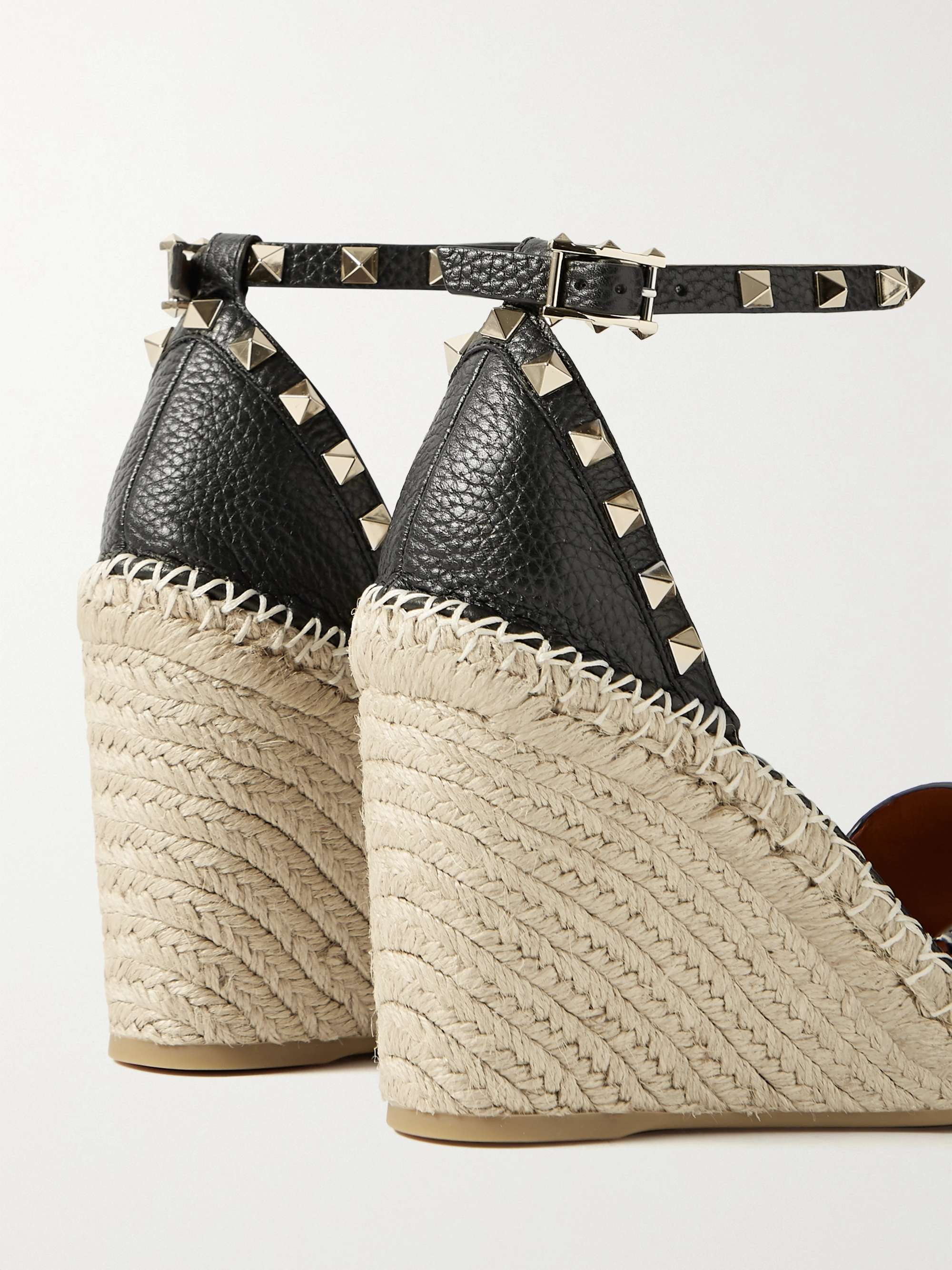 VALENTINO GARAVANI Rockstud 105 textured-leather espadrille wedge sandals