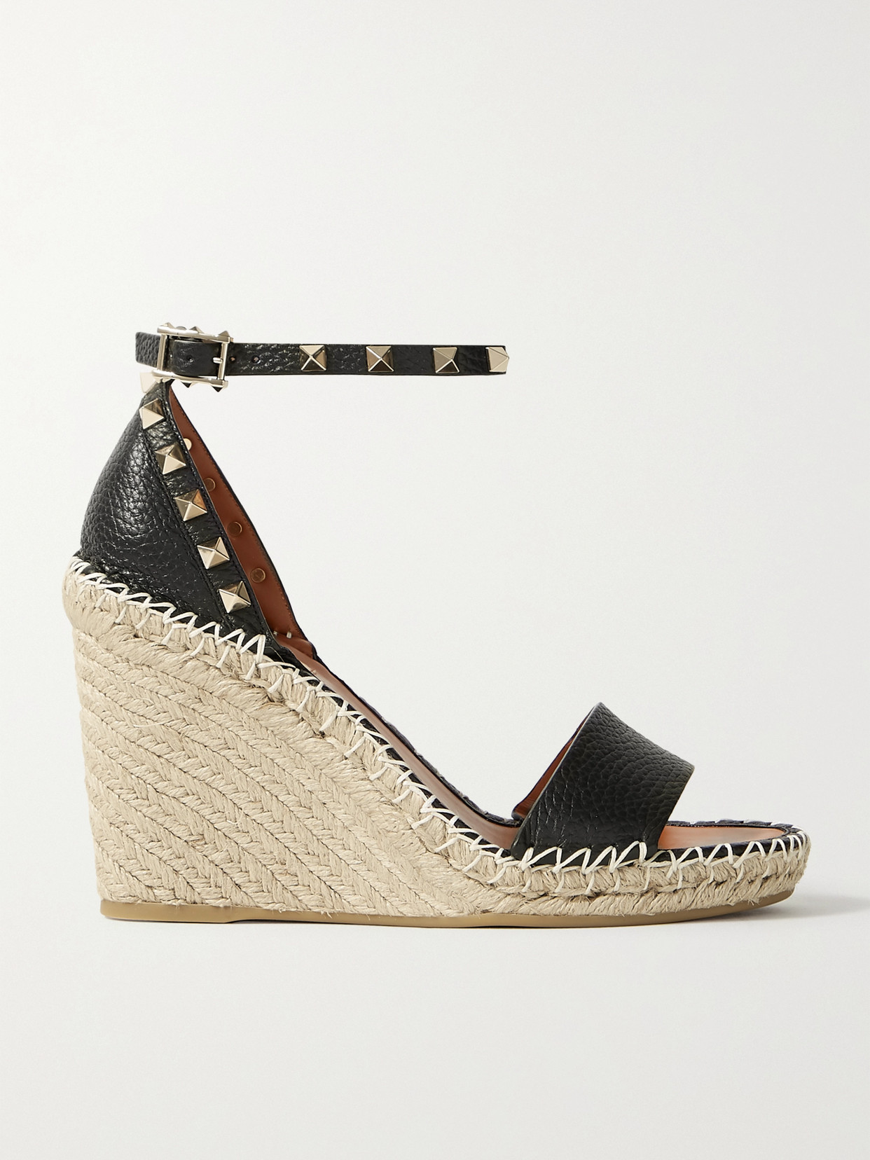 Valentino Garavani Rockstud 105 Textured-leather Espadrille Wedge Sandals In Black