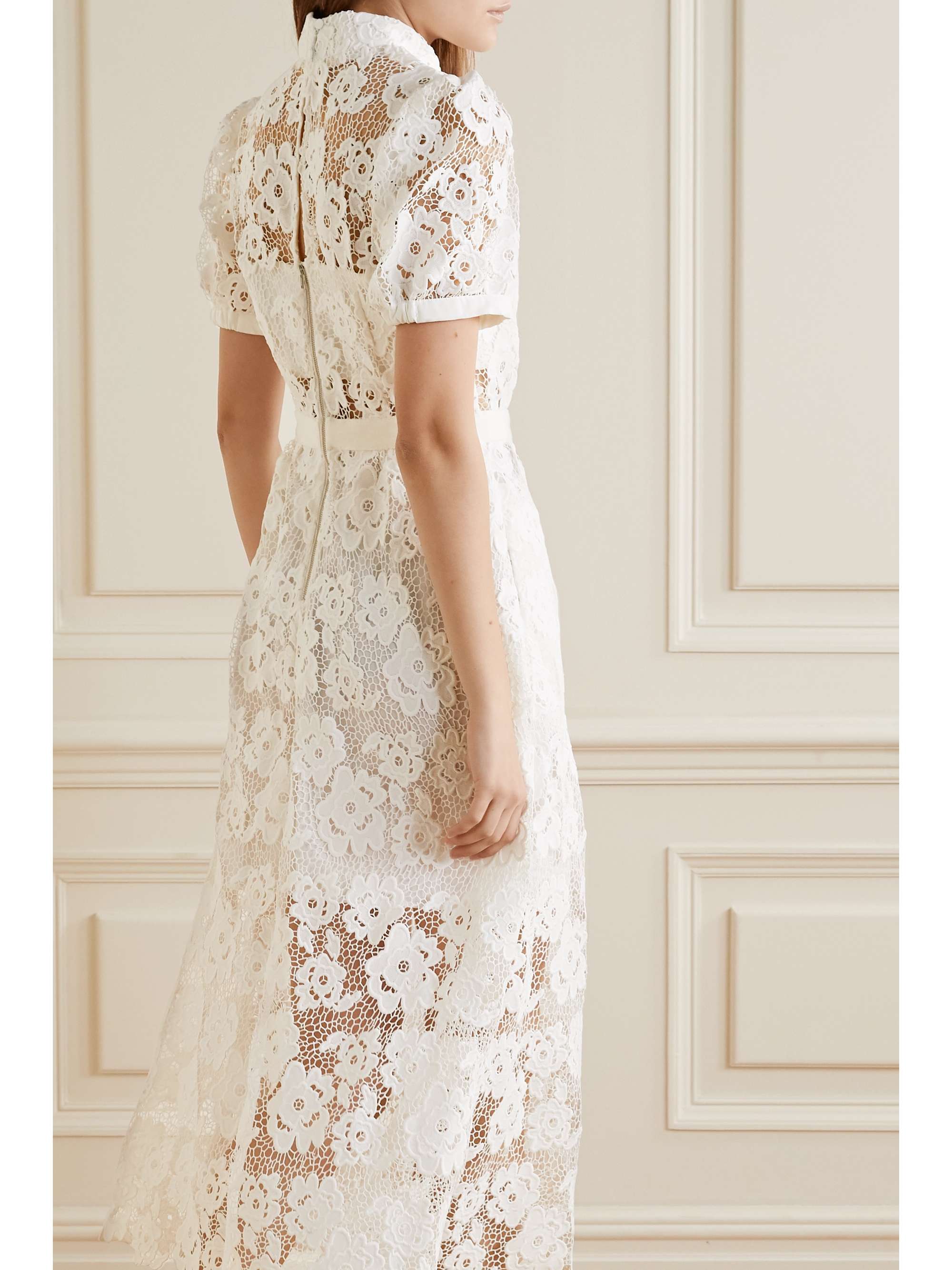 SELF-PORTRAIT Grosgrain-trimmed guipure lace midi dress