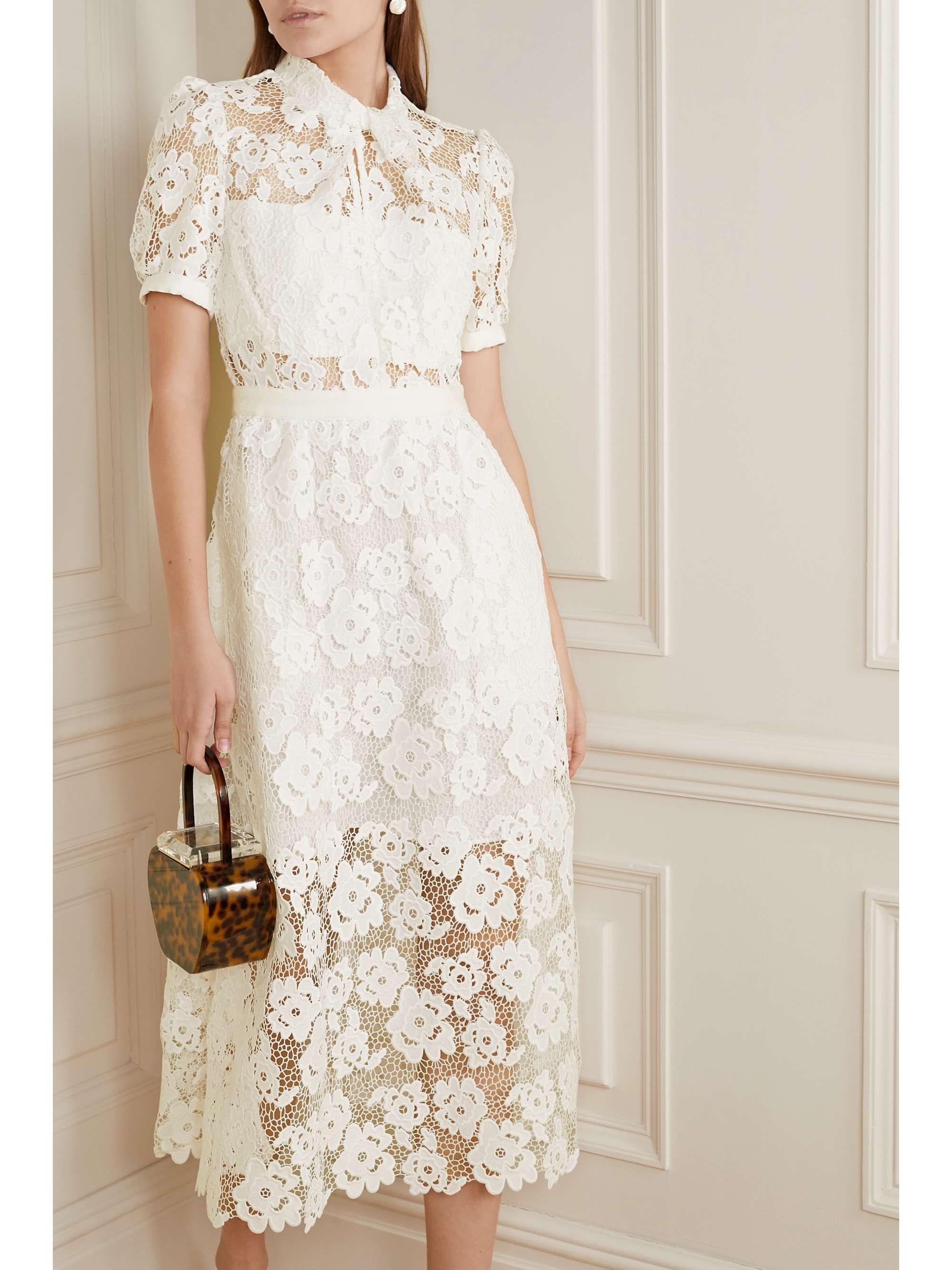SELF-PORTRAIT Grosgrain-trimmed guipure lace midi dress