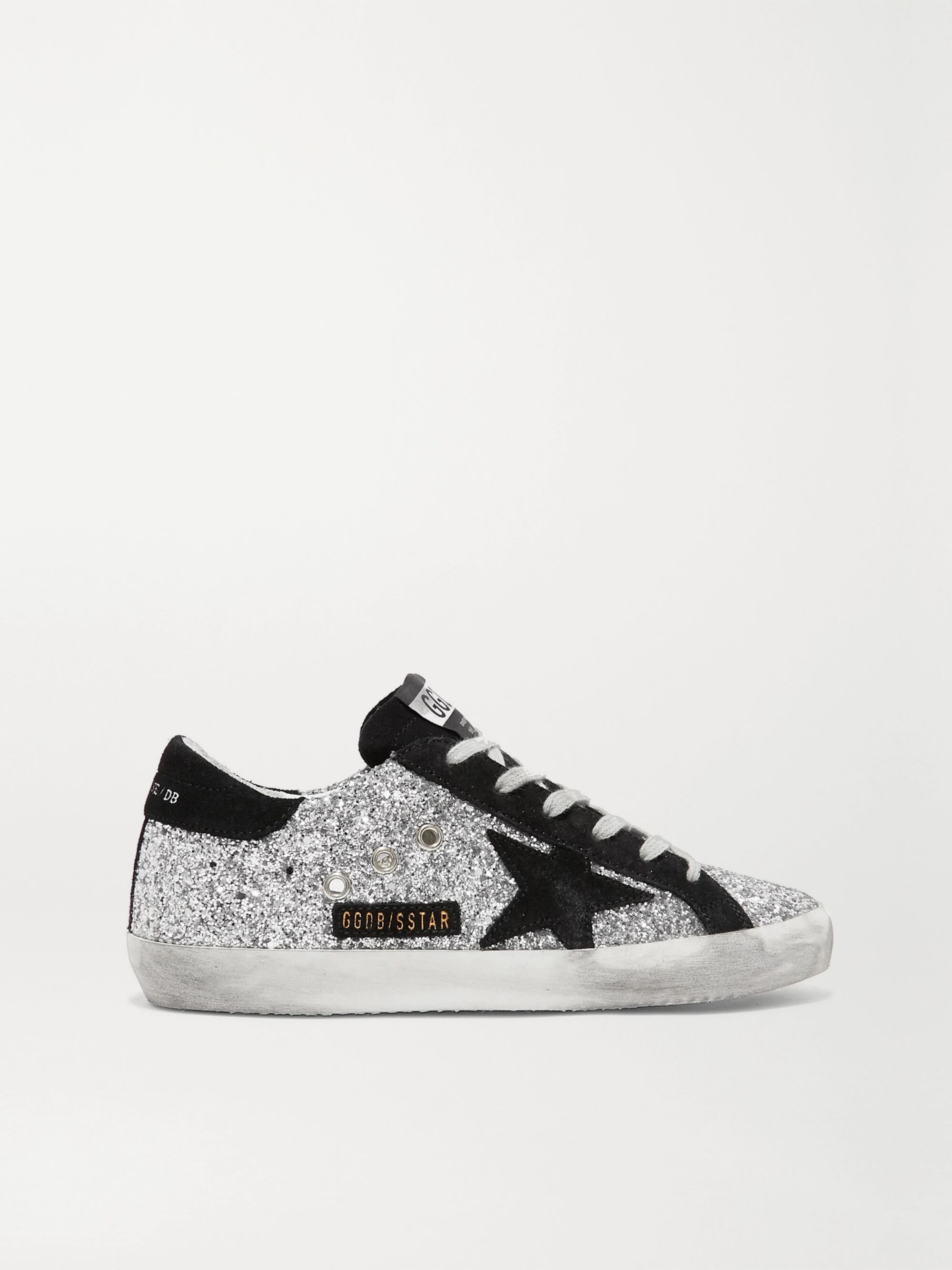 silver and black golden goose sneakers