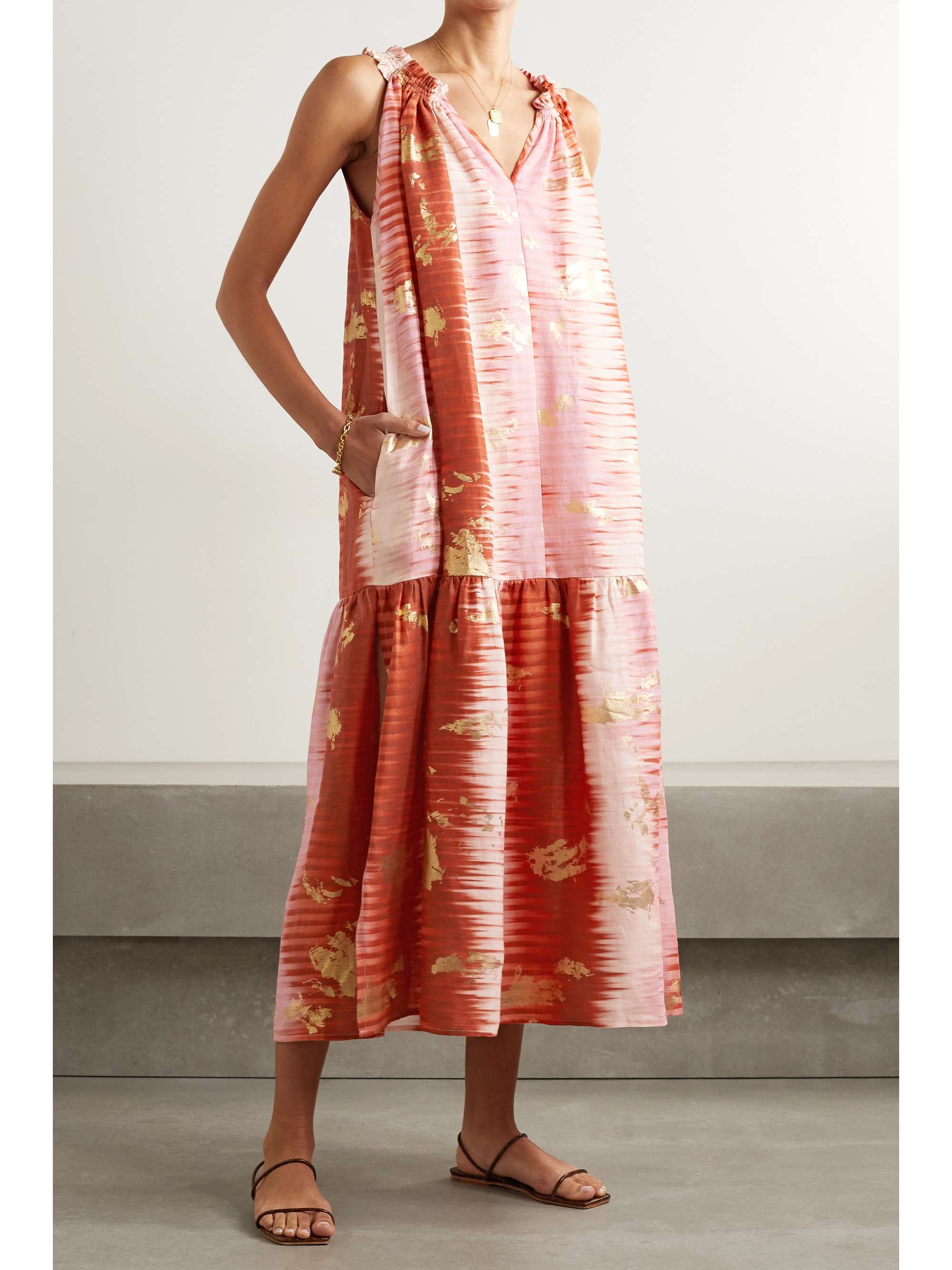 ANNA MASON Belted metallic tie-dyed linen midi dress