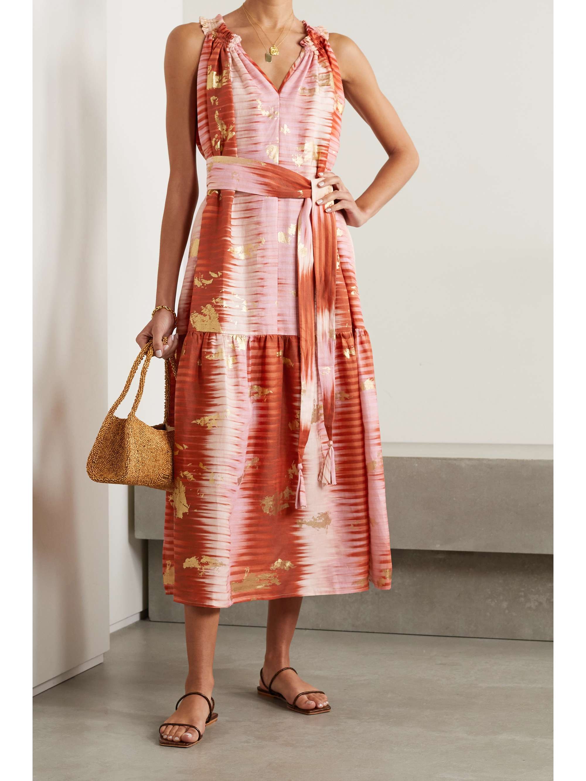 ANNA MASON Belted metallic tie-dyed linen midi dress